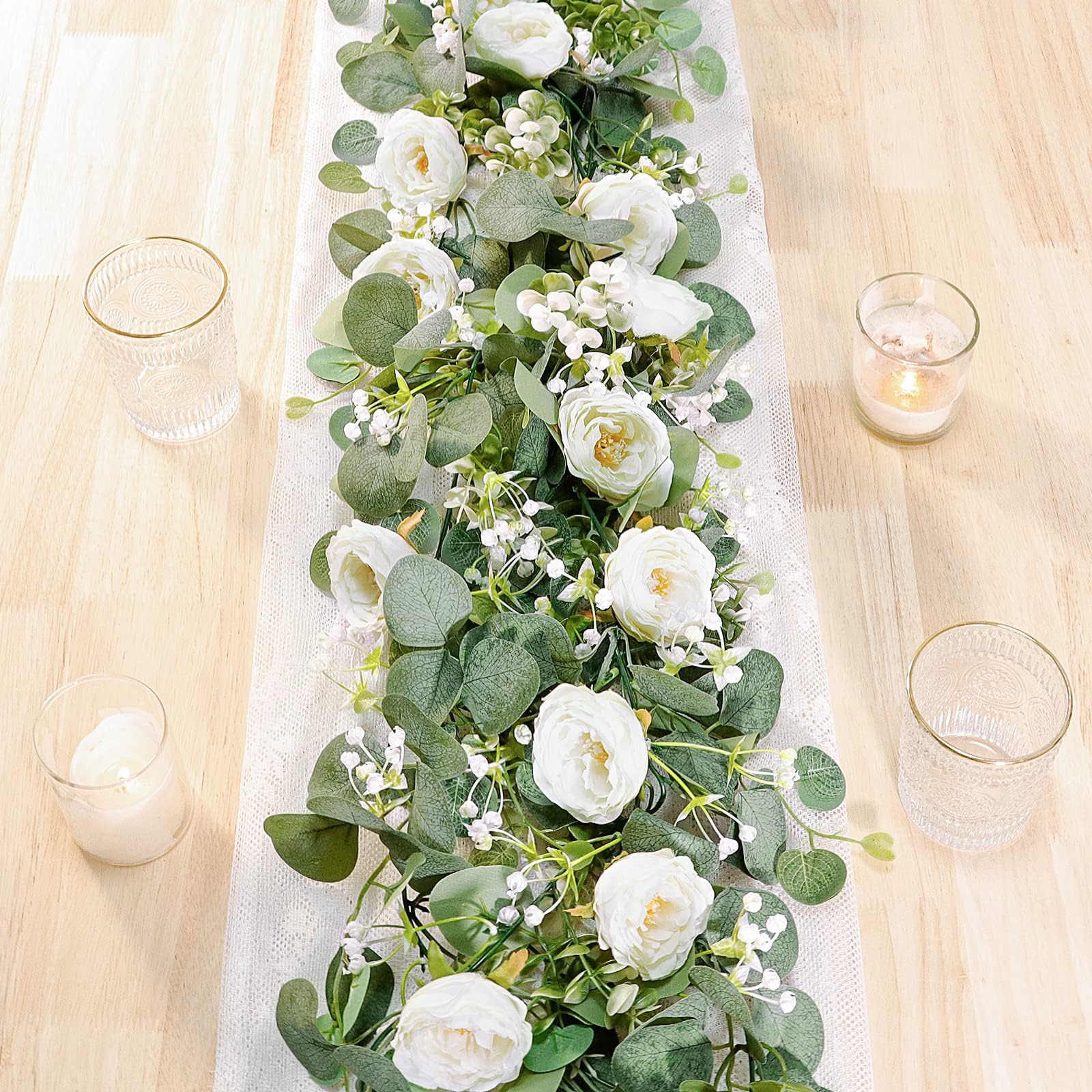 2 Pack 13Ft Artificial Flower Garland with White Roses, Fake Rose Flower Greenery Garland Floral Gypsophila Vines for Wedding Decoration Home Party Table Runner Decor