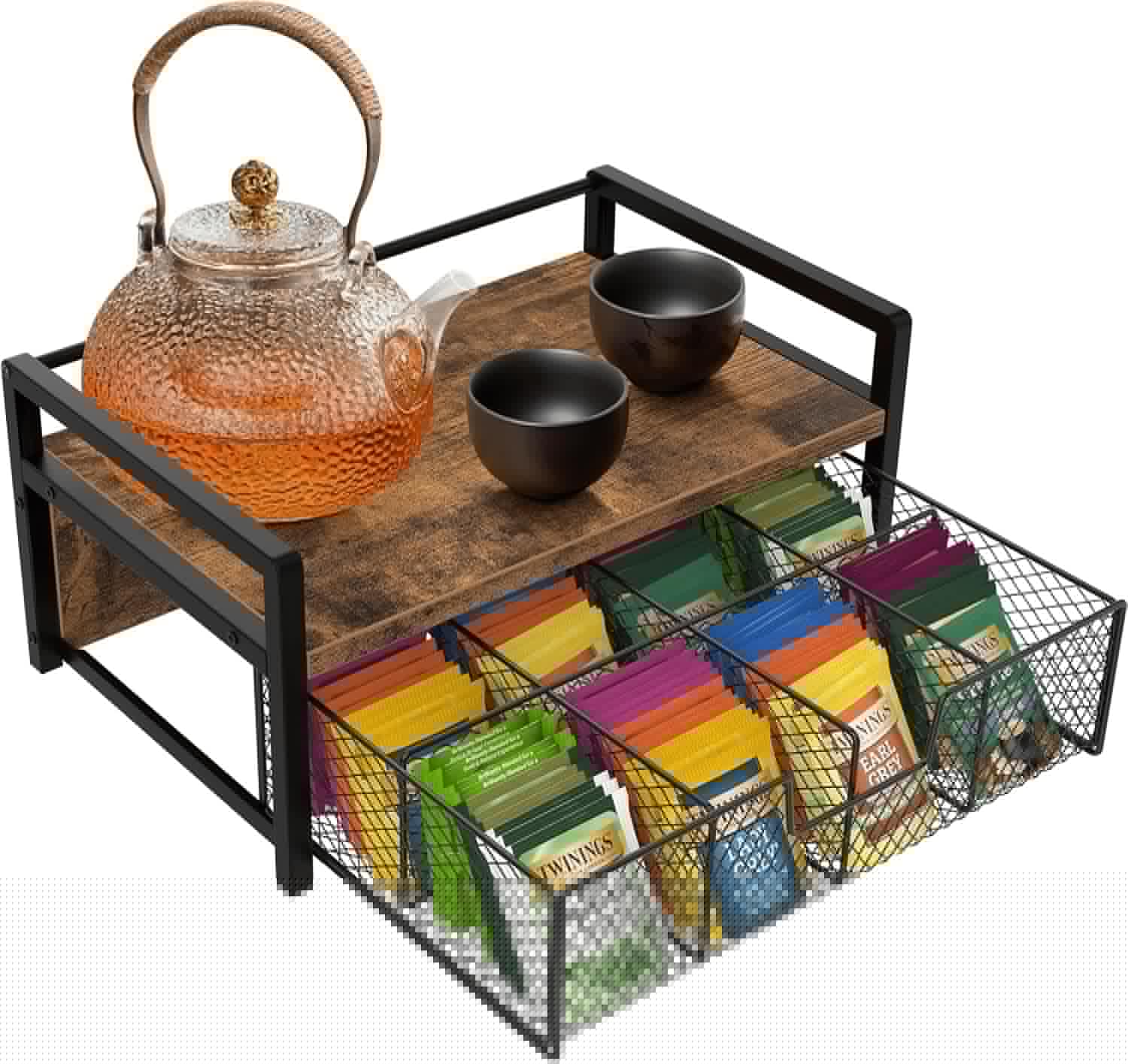 Tea Bag Organizer, Wood Tea Organizers and Storage Chest, Teabag Holder with Storage Drawer,Tea Station Chest Display Container Box for for Countertop Kitchen, Office