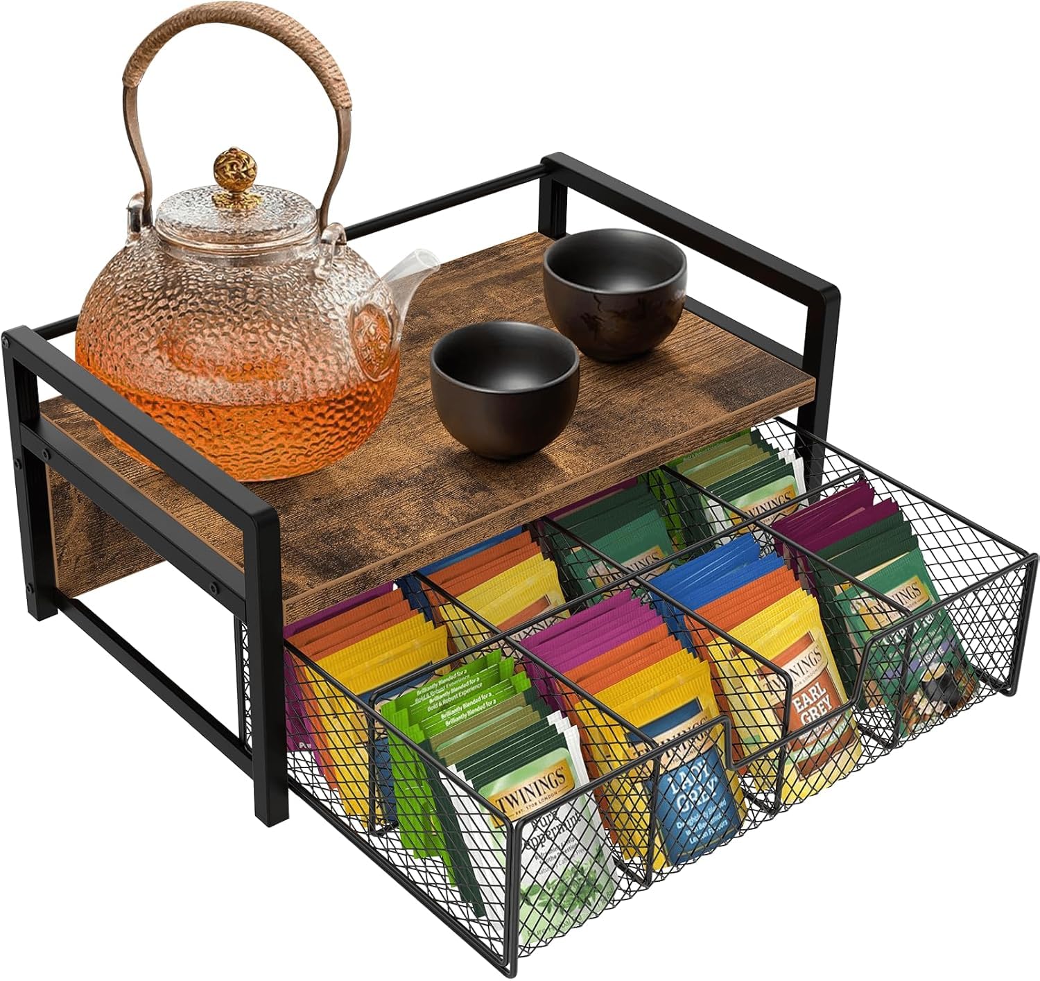 Tea Bag Organizer, Wood Tea Organizers and Storage Chest, Teabag Holder with Storage Drawer,Tea Station Chest Display Container Box for for Countertop Kitchen, Office