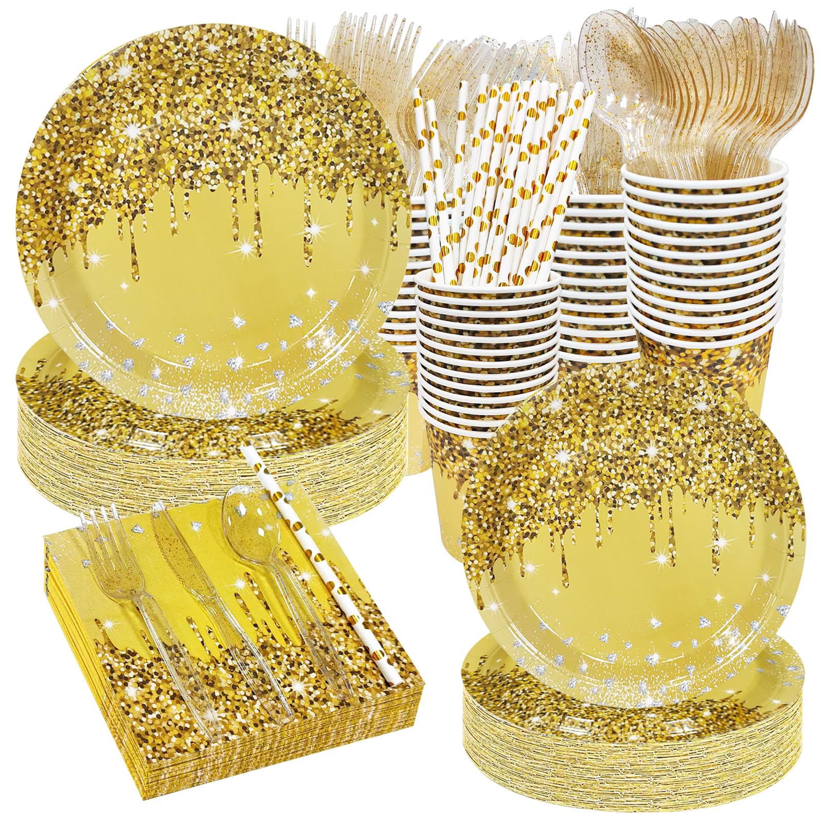 URbazaar 200 Pcs Disposable Paper Plates and Napkins,25 Guest Party Supplies Dinnerware Set Include Round Paper Plates Napkin Cup Straw Plastic Spoon Fork Knive for Party,Wedding,Birthday (Gold)