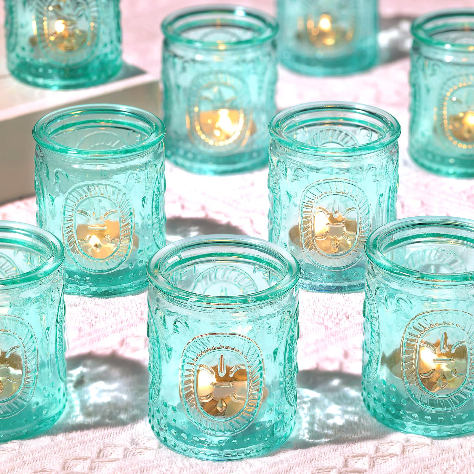 Vintage Candle Holders Set of 24, Votive Candle Holders in Bulk for Centerpiece Table Decorations, Teal Decor for Room/Home/Coffee Table/Living Room/Thanksgiving