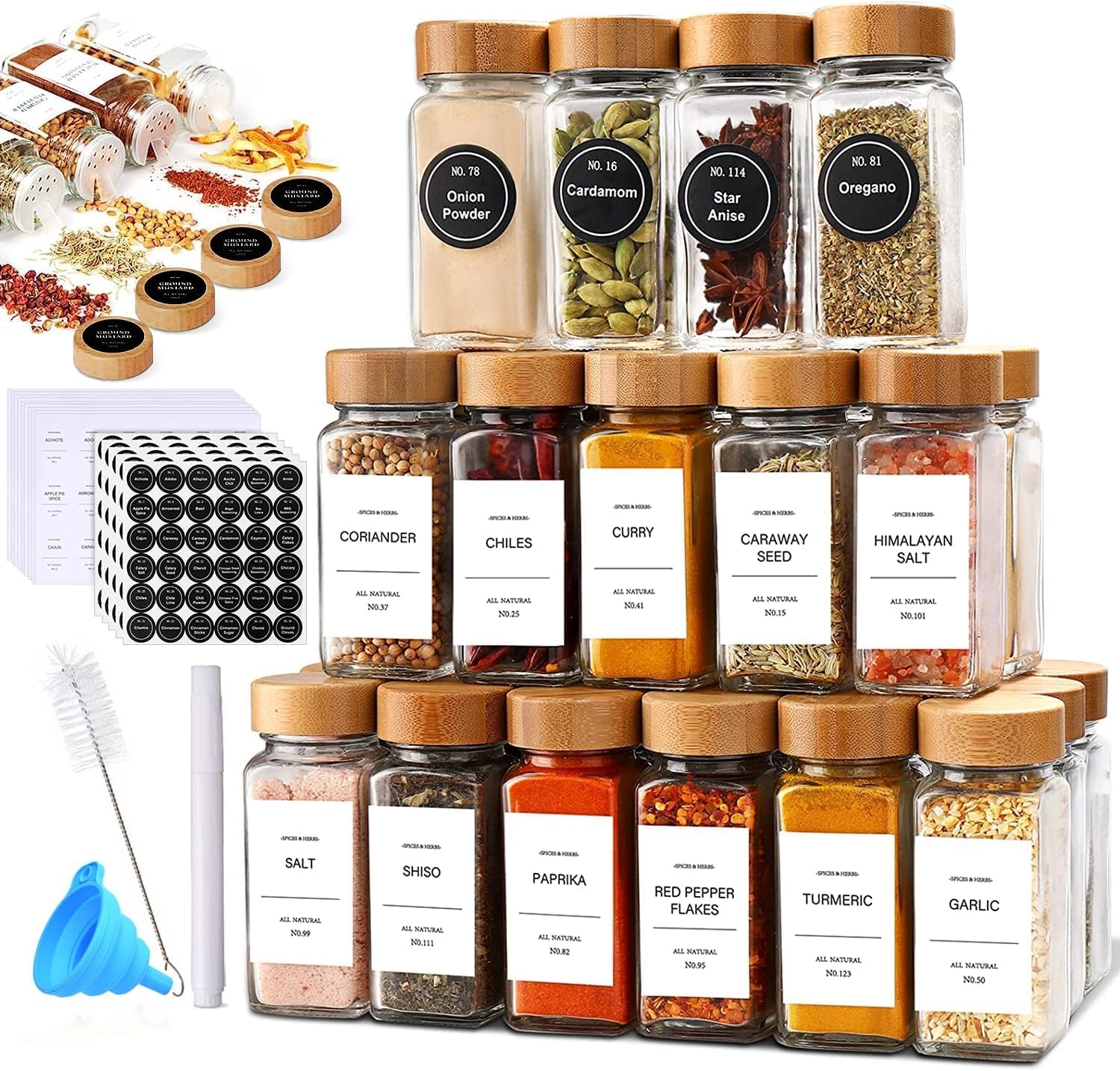 Glass Spice Jars with Bamboo Lid,24Pcs 4oz Square Spices Container Set with Labels,Spices and Seasoning Containers Sets Organizer,Shaker Lids and Airtight Bamboo lid