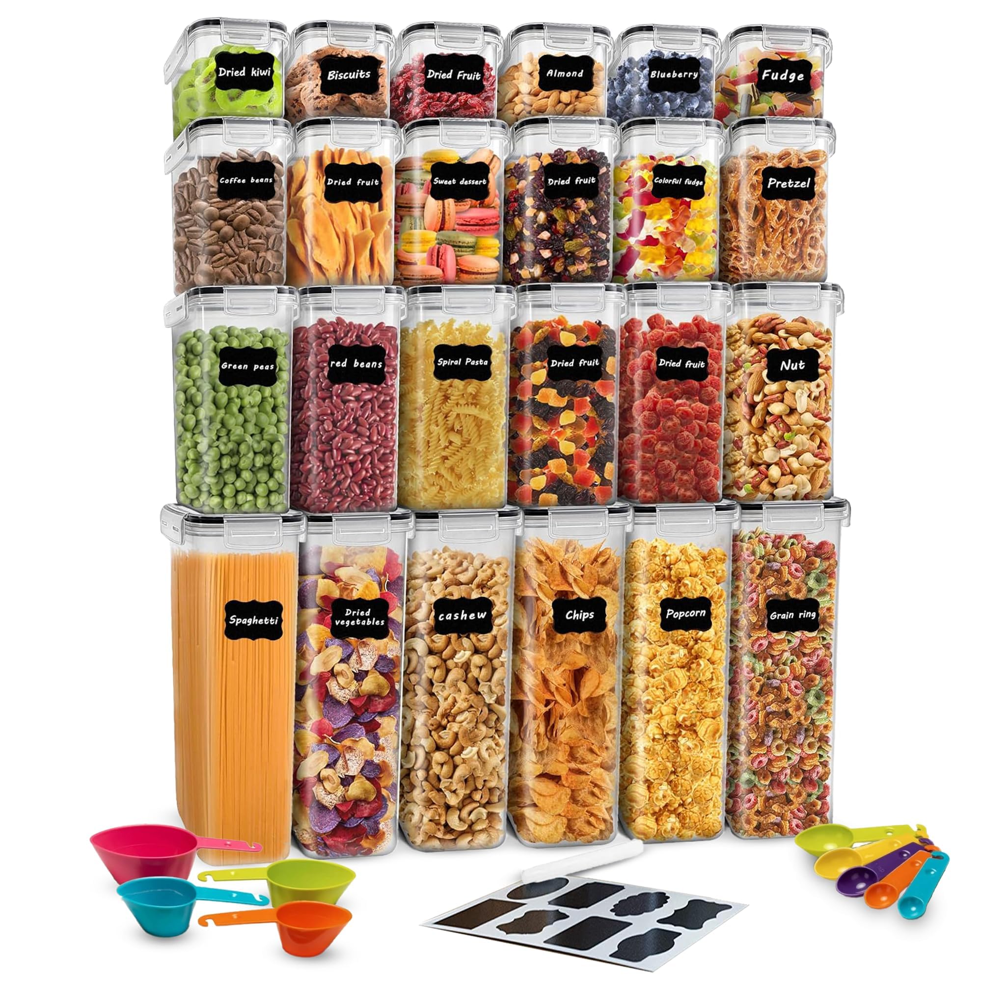 24-Pc Airtight Food Storage Containers Set – BPA-Free Plastic Pantry Canisters for Rice, Cereal, Flour, Sugar, Pasta – Stackable Kitchen Organizers with Labels, Marker, Measuring Cups & Spoons