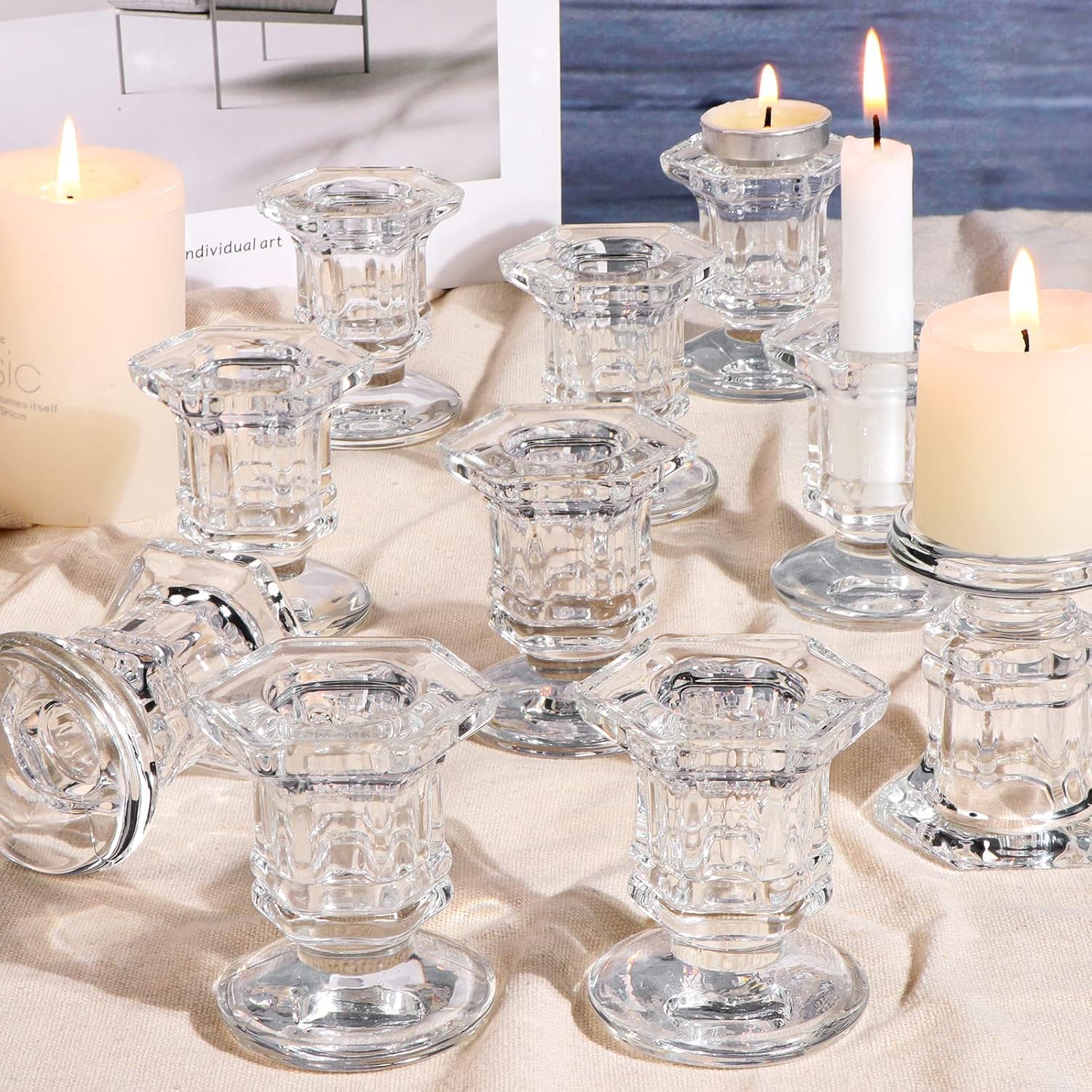 TERRIFI 6 Pcs Candlestick Holders Set, Clear Glass Crystal Taper Candle Holders, Ideal for Wedding Table Centerpieces and Home Decoration