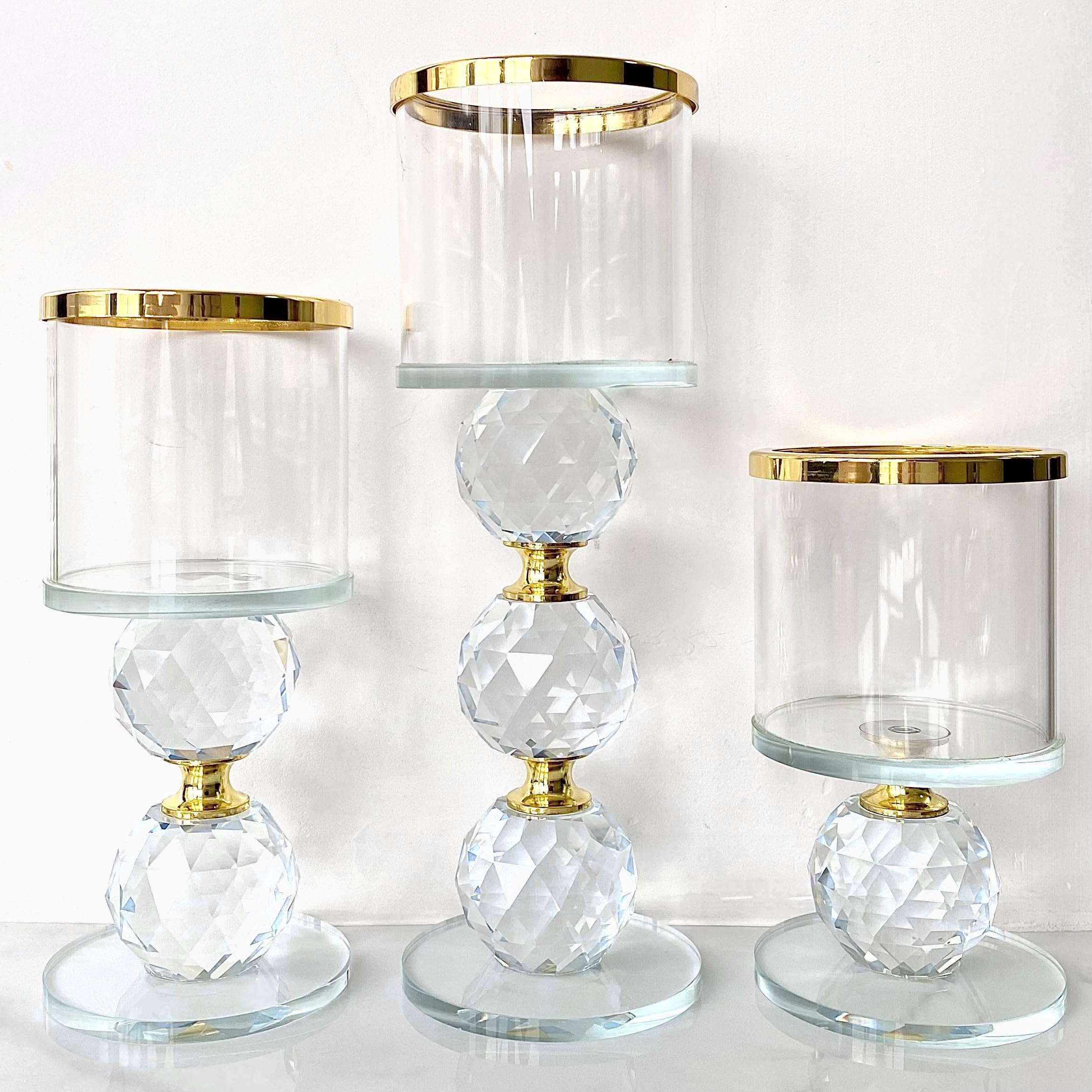 Glass Candle Holders Set of 3, Pillar Candlestick Holders with Crystal Ball for Wedding,Christmas,Birthday,Dinning,Home Decor