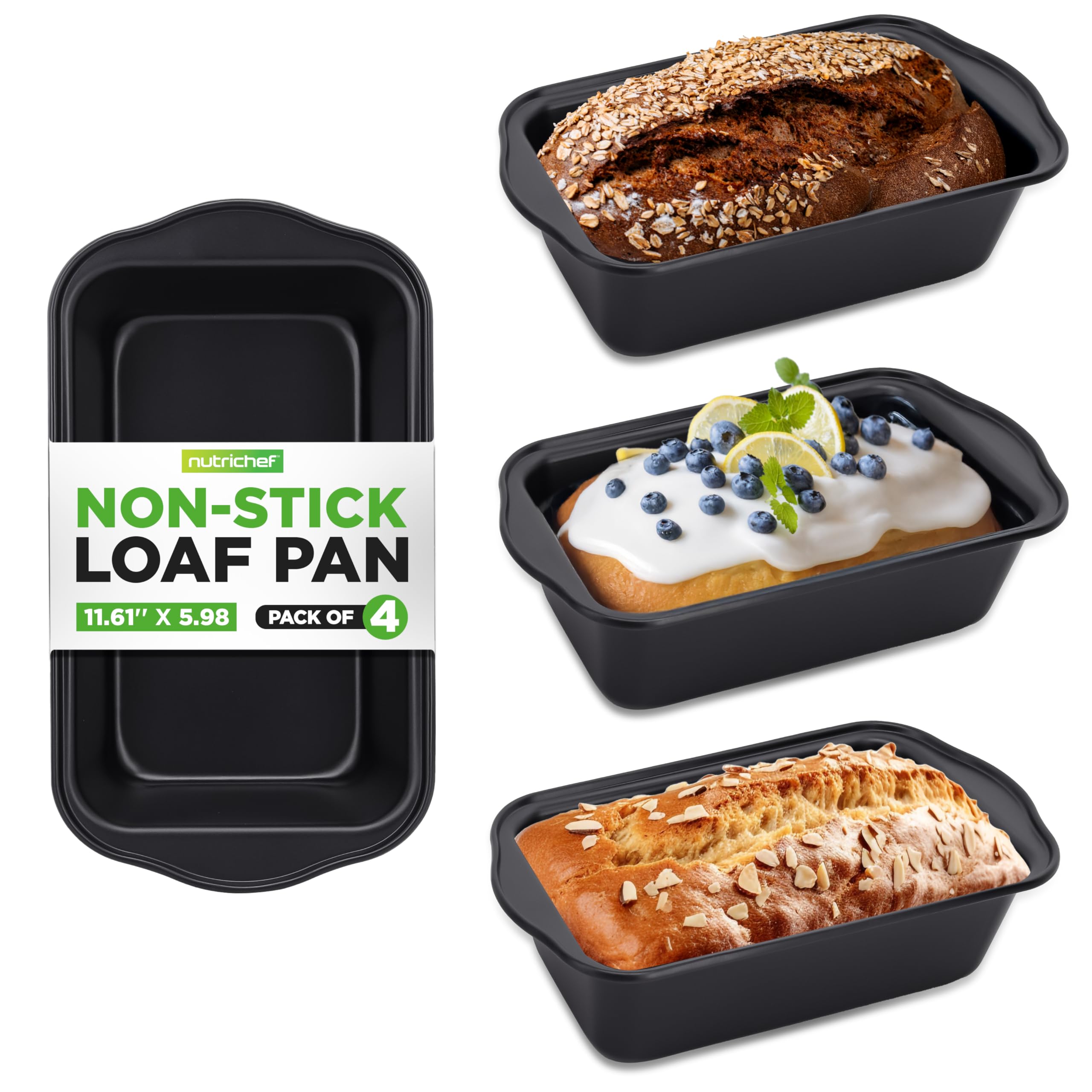 NutriChef 4-Piece Loaf Pan Set, Non-Stick Bread Loaf Pans with Easy Grip Handles, Heavy Gauge Carbon Steel Bakeware for Baking Bread, Cakes, and Casseroles, 11.61" x 5.98" x 2.56" Inch, Black