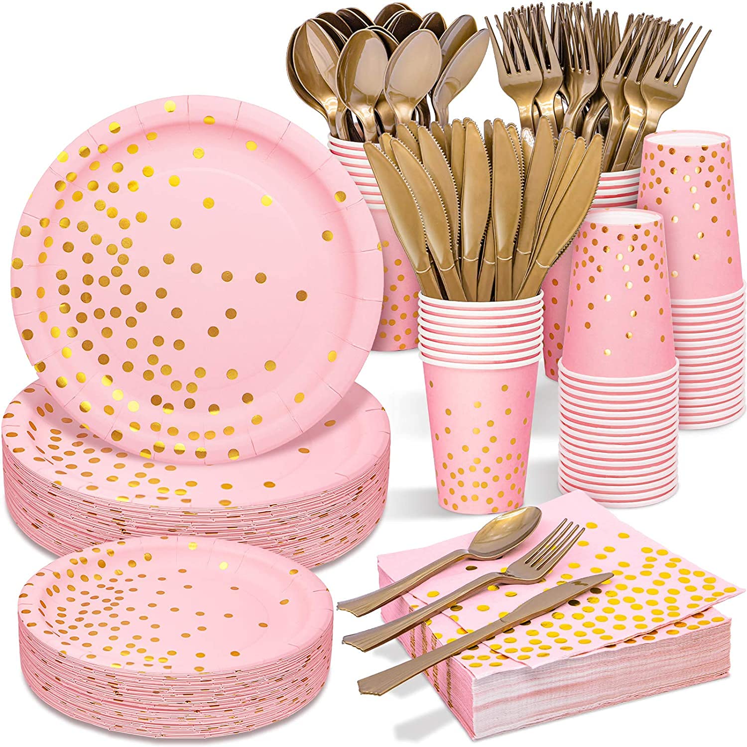 Amerteer 200 Pieces Disposable Party Tableware Set | Supply Serves 25 Guest | Gold Dot Pink Paper Plates Napkins Cups with Gold Plastic Knife, Fork,Spoon,Straw Sets for Family Gathering Parties