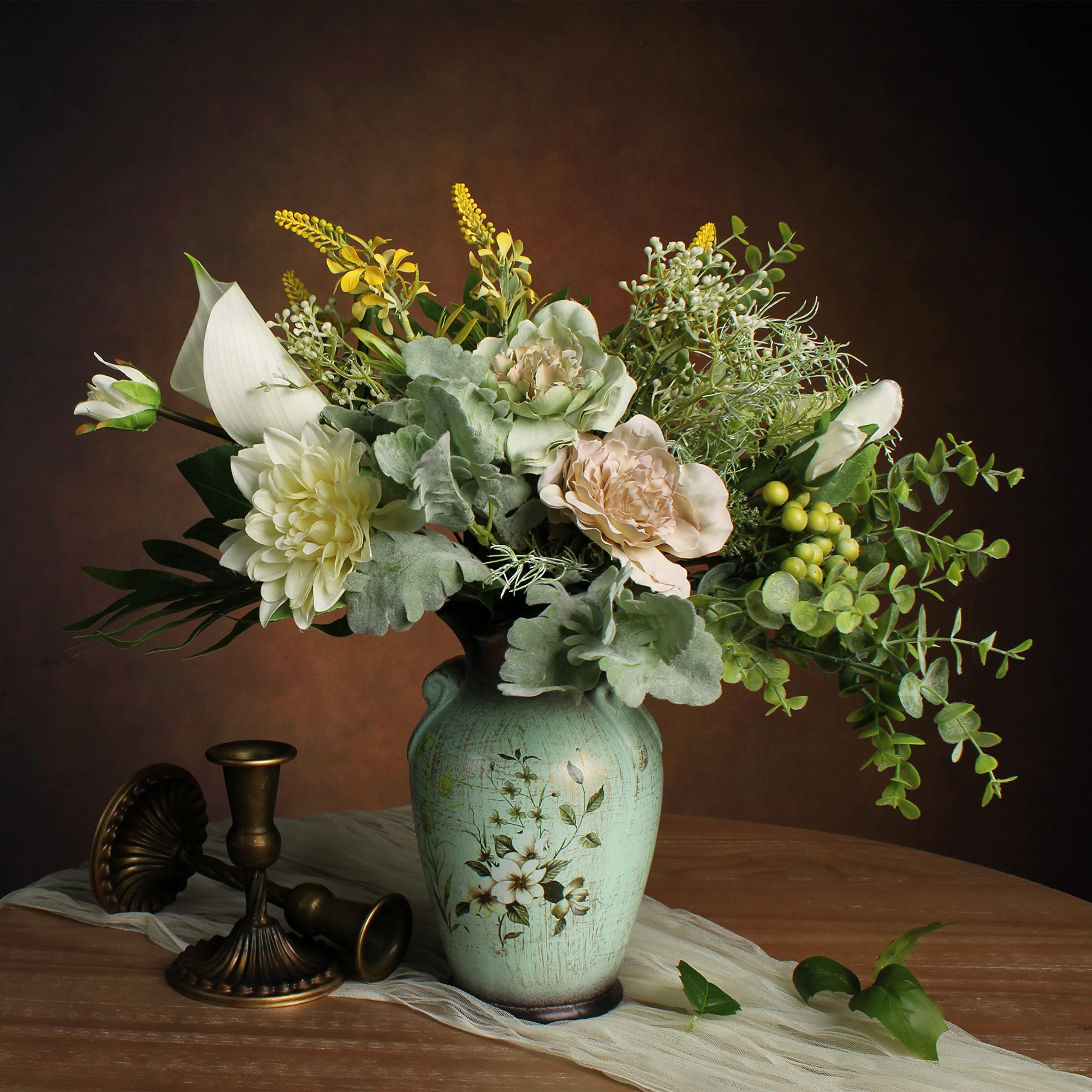 Faux Flowers in Ceramic Vase, Artificial Flower Arrangement Decoration for Home Kitchen Living Dinning Room Coffee Table Centerpieces Farmhouse Deco (Green)