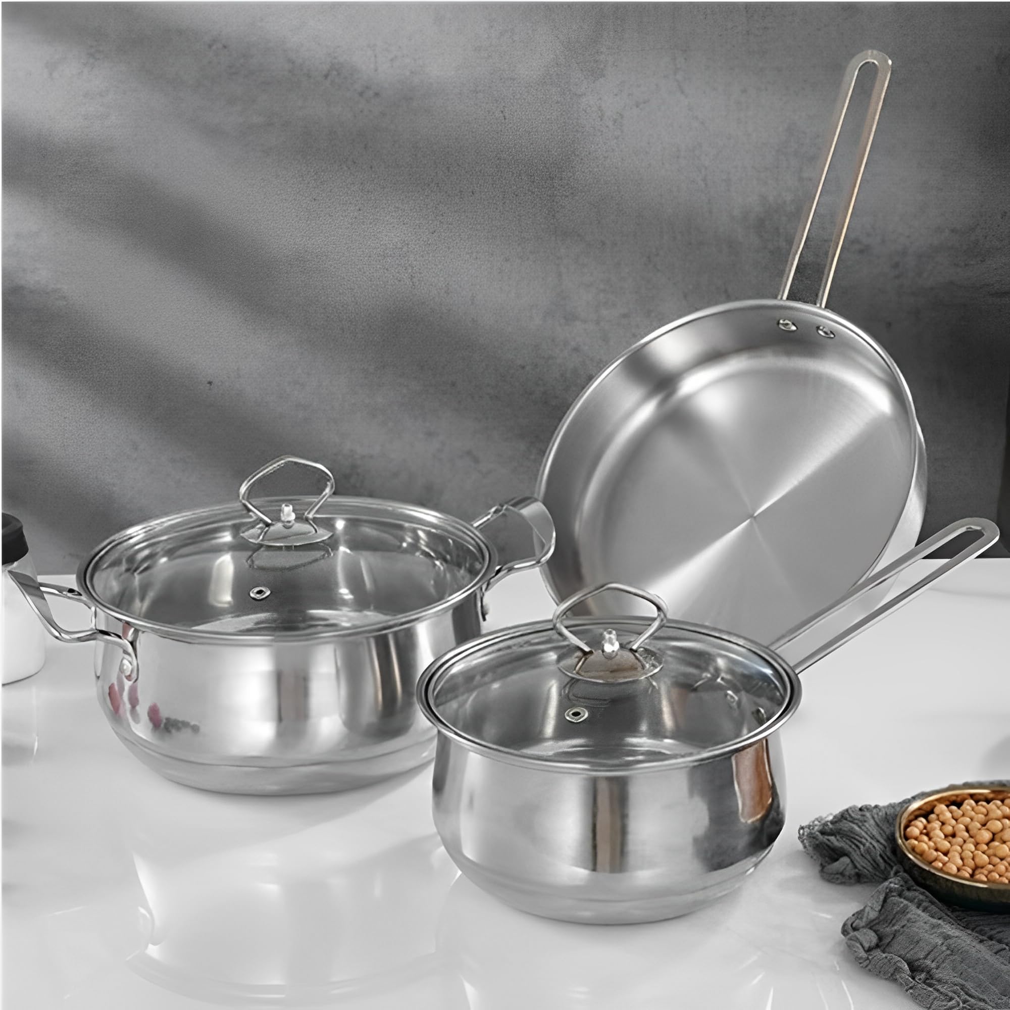 Beauenty 5 Pcs Stainless Steel Cookware Set,Saucepan,Fry Pan,Milk Pan,Ergonomic Handles,All Cooktop Compatible,Dishwasher Safe,Food-Grade Stainless Steel,DurableStylish Kitchen Essentials