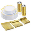 NALACAL Plastic Dinnerware Set (25 Guests), Gold Disposable Plates for Parties, Wedding, and Anniversary, Including: Dinner Plates, Dessert Plates, Cups, Spoons, Forks and Knives(150PCS)