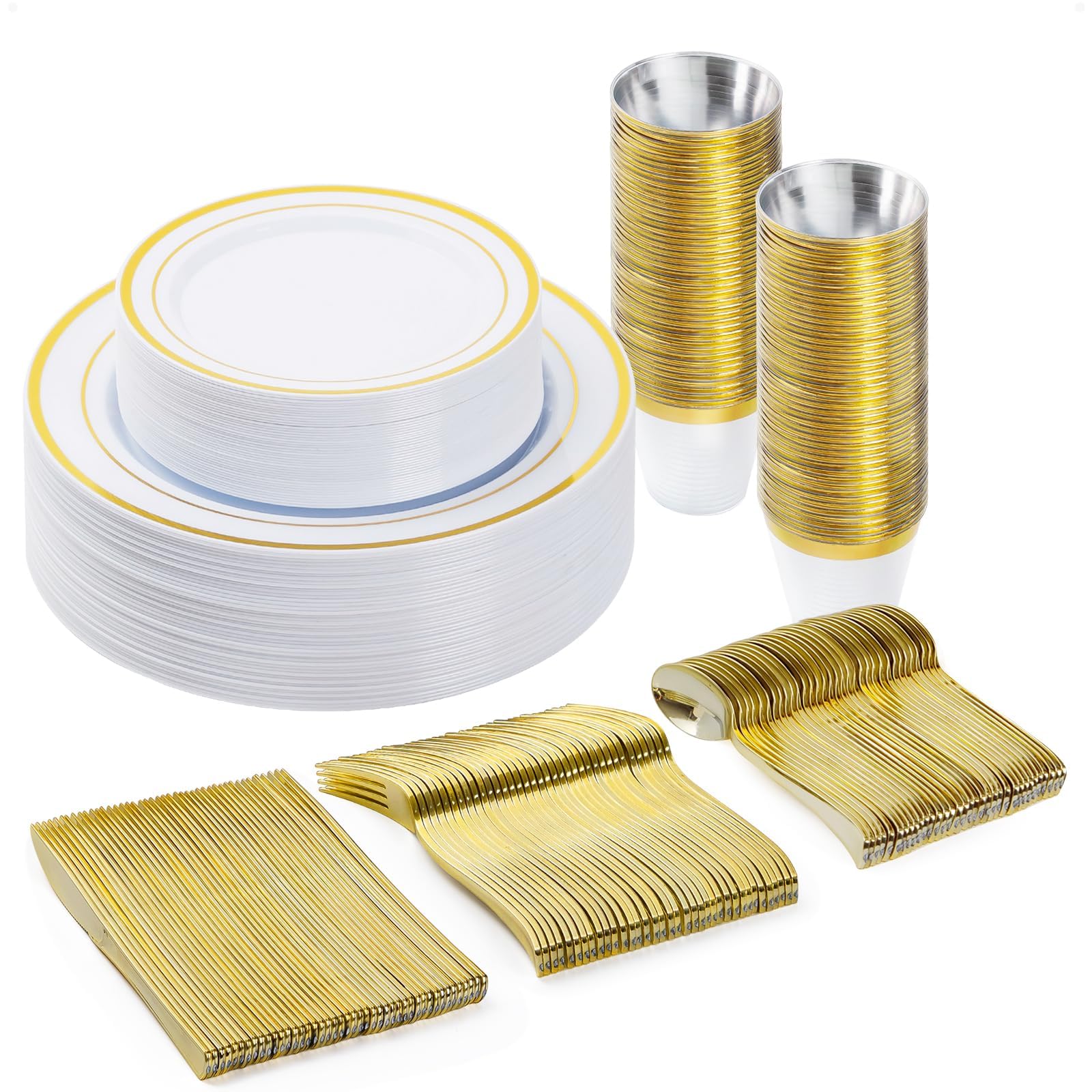 NALACAL Plastic Dinnerware Set (25 Guests), Gold Disposable Plates for Parties, Wedding, and Anniversary, Including: Dinner Plates, Dessert Plates, Cups, Spoons, Forks and Knives(150PCS)