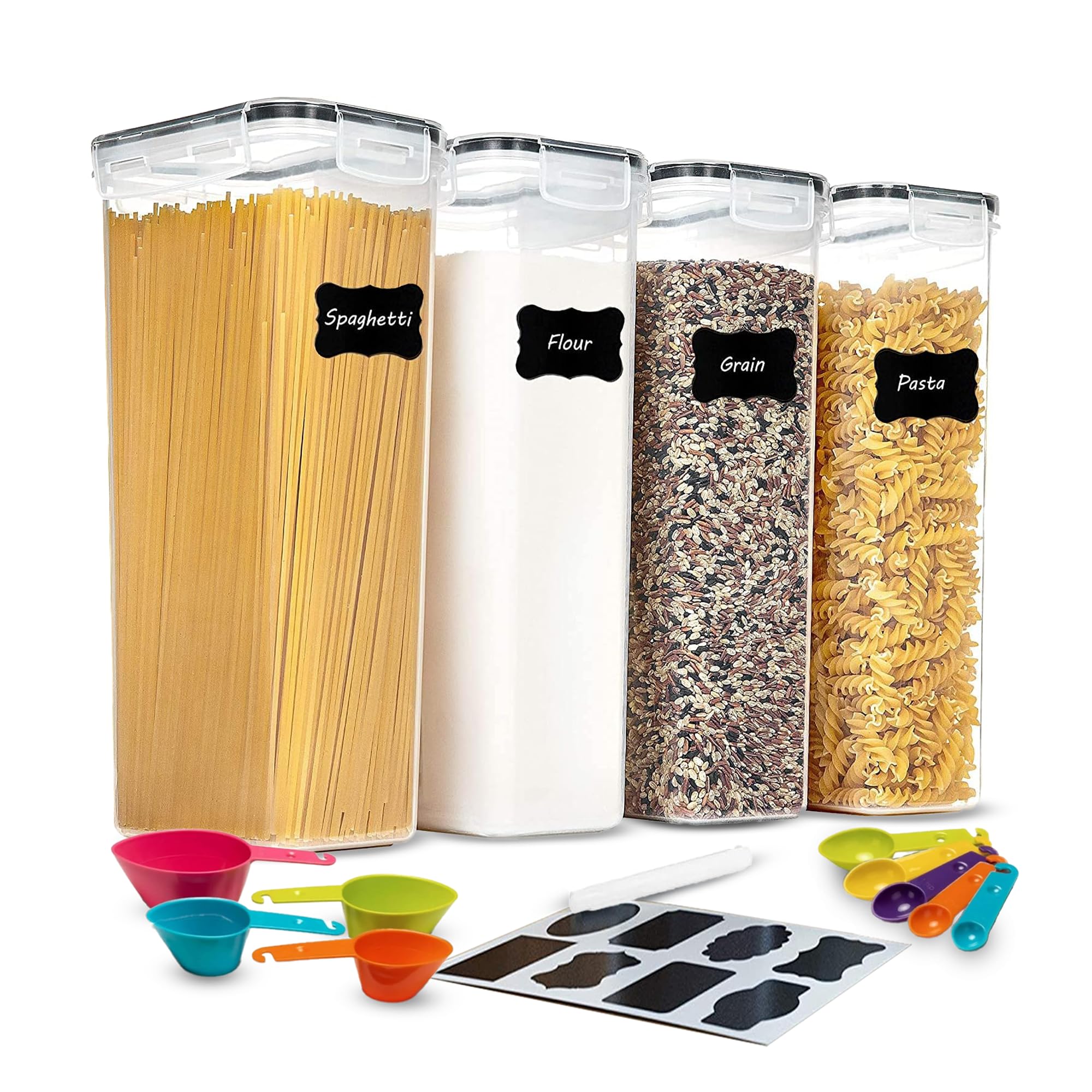 4-Pc Airtight Food Storage Containers Set – BPA-Free Plastic Pantry Canisters for Rice, Cereal, Flour, Sugar, Pasta – Stackable Kitchen Organizers with Labels, Marker, Measuring Cups & Spoons