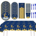 121PCS Eid Mubarak Tableware Ramadan Decorative Tableware Set Disposable Tableware for Ramadan Mubarak Eid al-Fitr, Includes Paper Plate/Paper Cup/Napkin/Cutlery Set