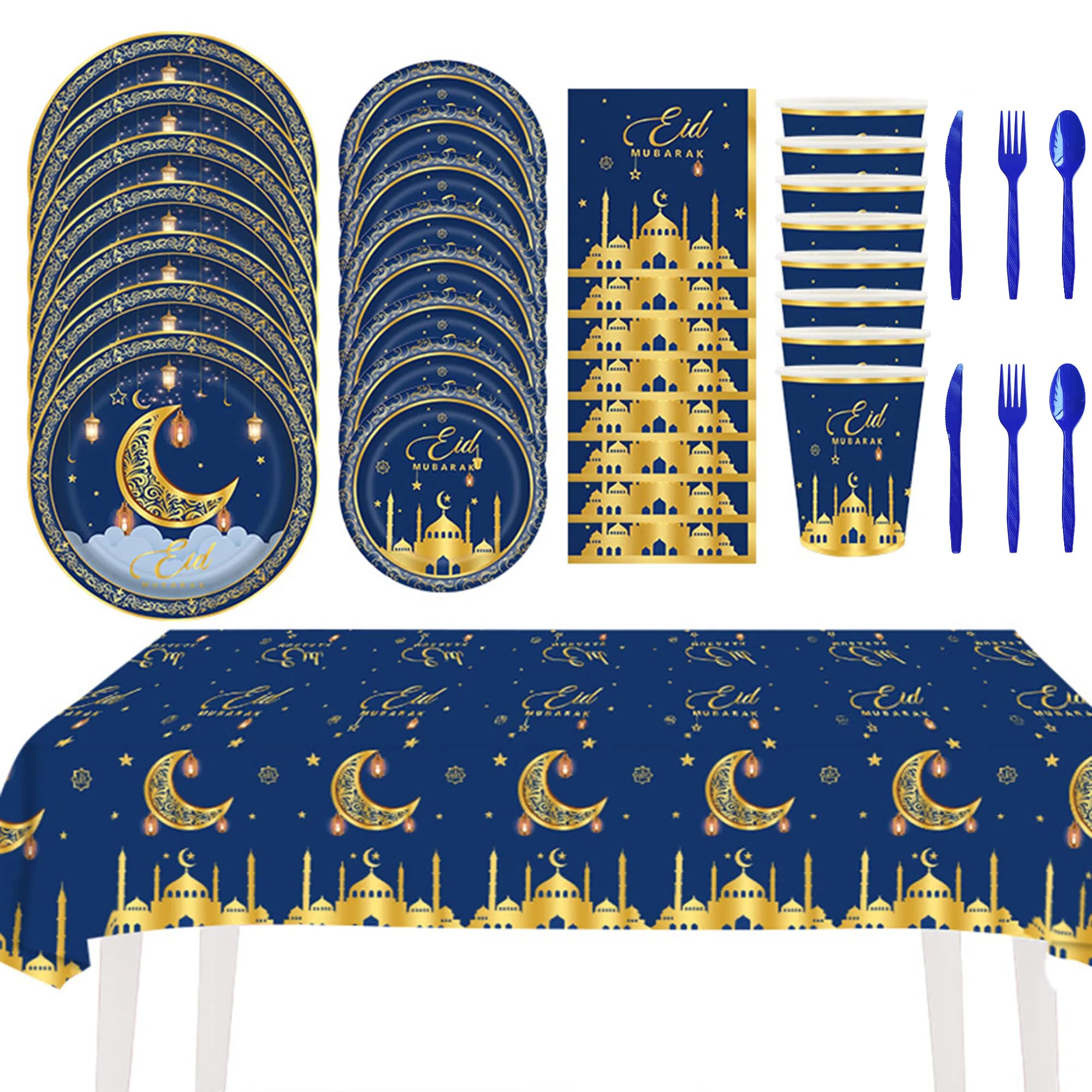 121PCS Eid Mubarak Tableware Ramadan Decorative Tableware Set Disposable Tableware for Ramadan Mubarak Eid al-Fitr, Includes Paper Plate/Paper Cup/Napkin/Cutlery Set
