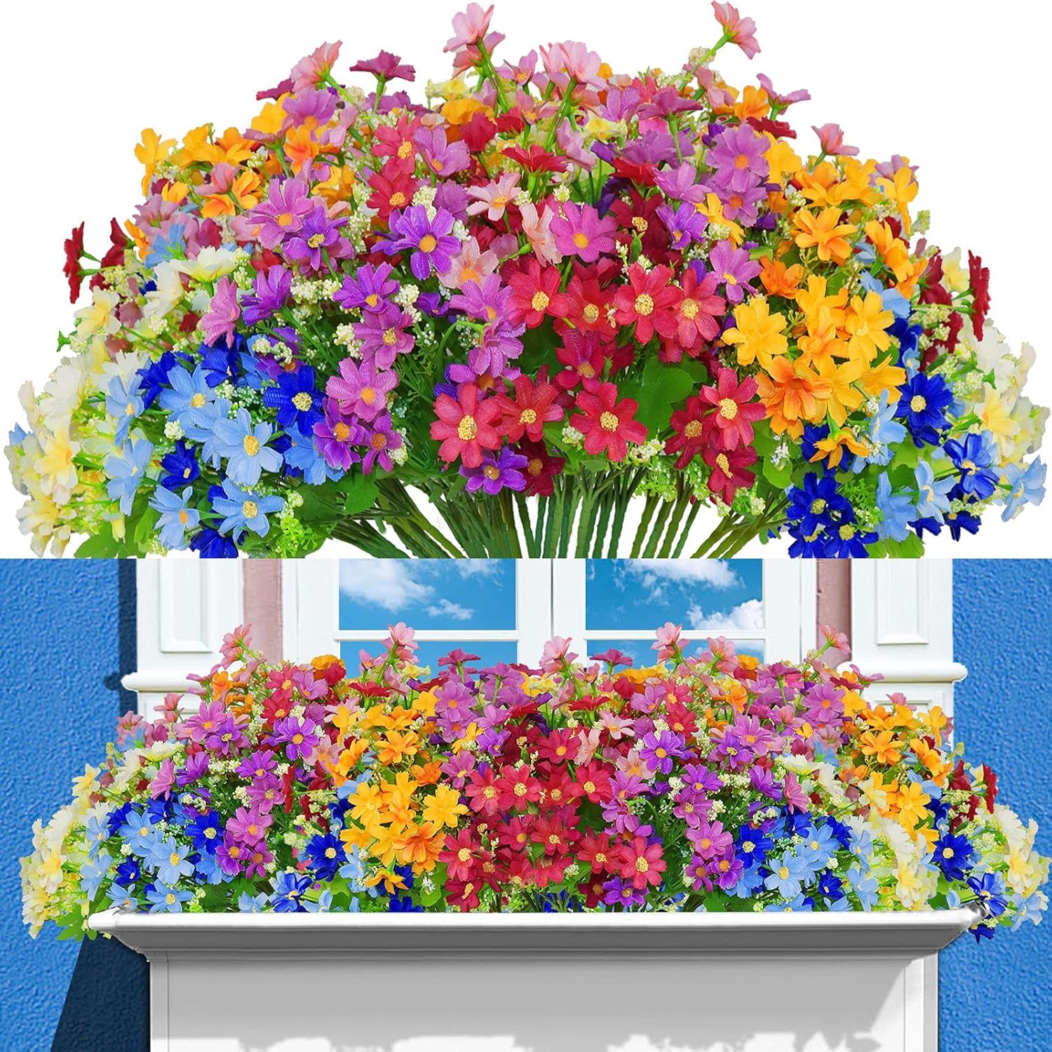 12 Bundles Artificial Fake Flowers for Outdoor Decoration,UV Resistant Faux Plastic Fabric Greenery Shrubs Plants Fake Flowers Hanging Planter Kitchen Home Wedding Office Garden Decor (6 Colors)