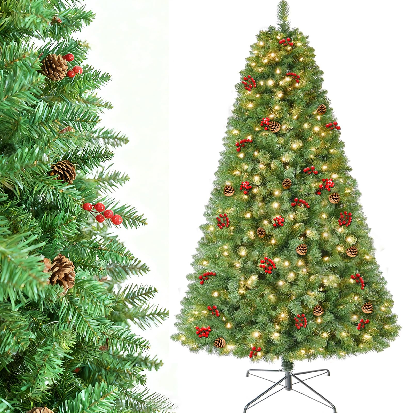 Christmas Tree, 2.1M Christmas Tree with 10M Lights & 1200 Branch Tips, Premium Artificial Xmas Tree for Home, Office, Party Decor