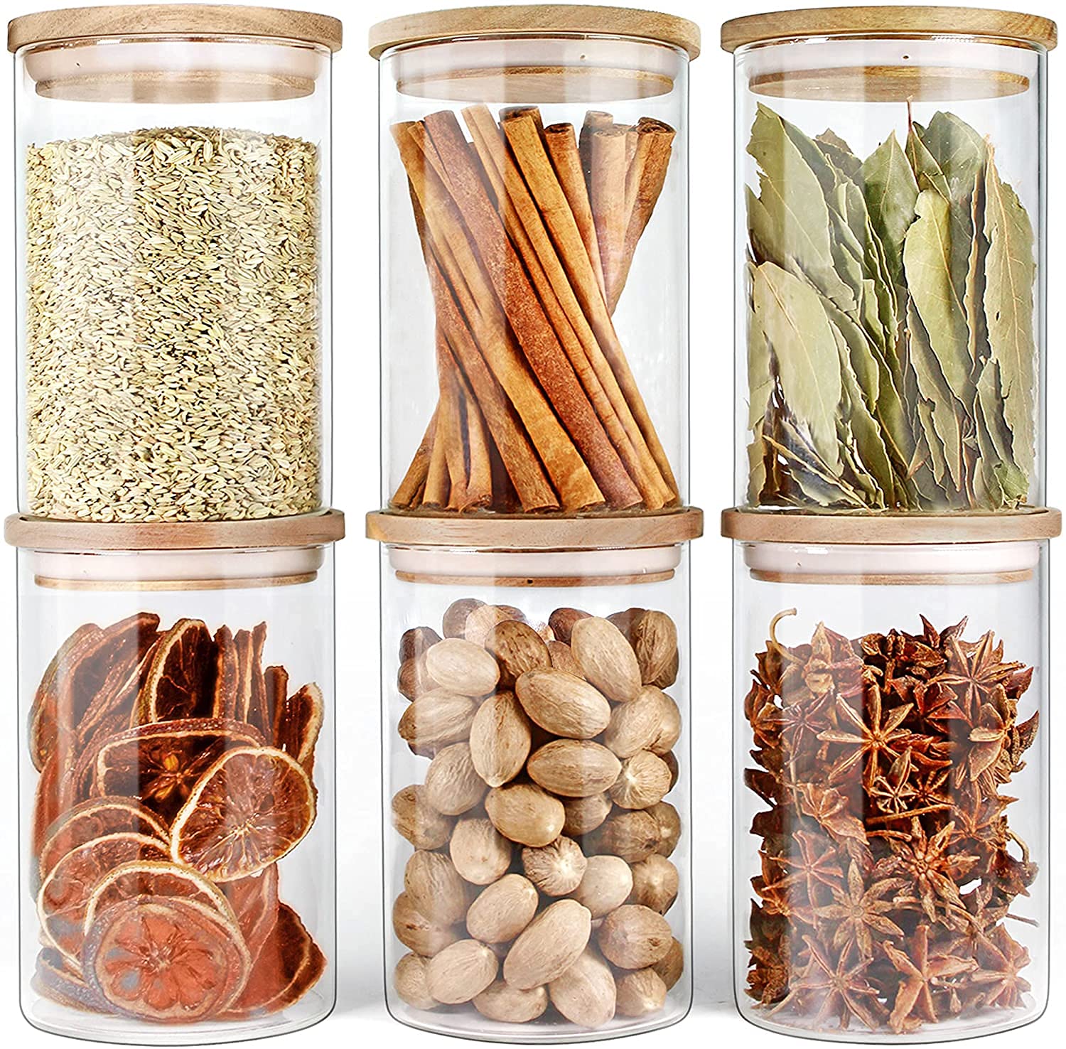 GGerou Glass Storage Jar with Bamboo Lids,Glass Airtight Canisters sets,Spice Jar, Pantry Organization and Storage Containers Ideal for Sugar, Coffee, Cookie, Candy,Cereals (1000ml/35.2 oz, Set of 6)