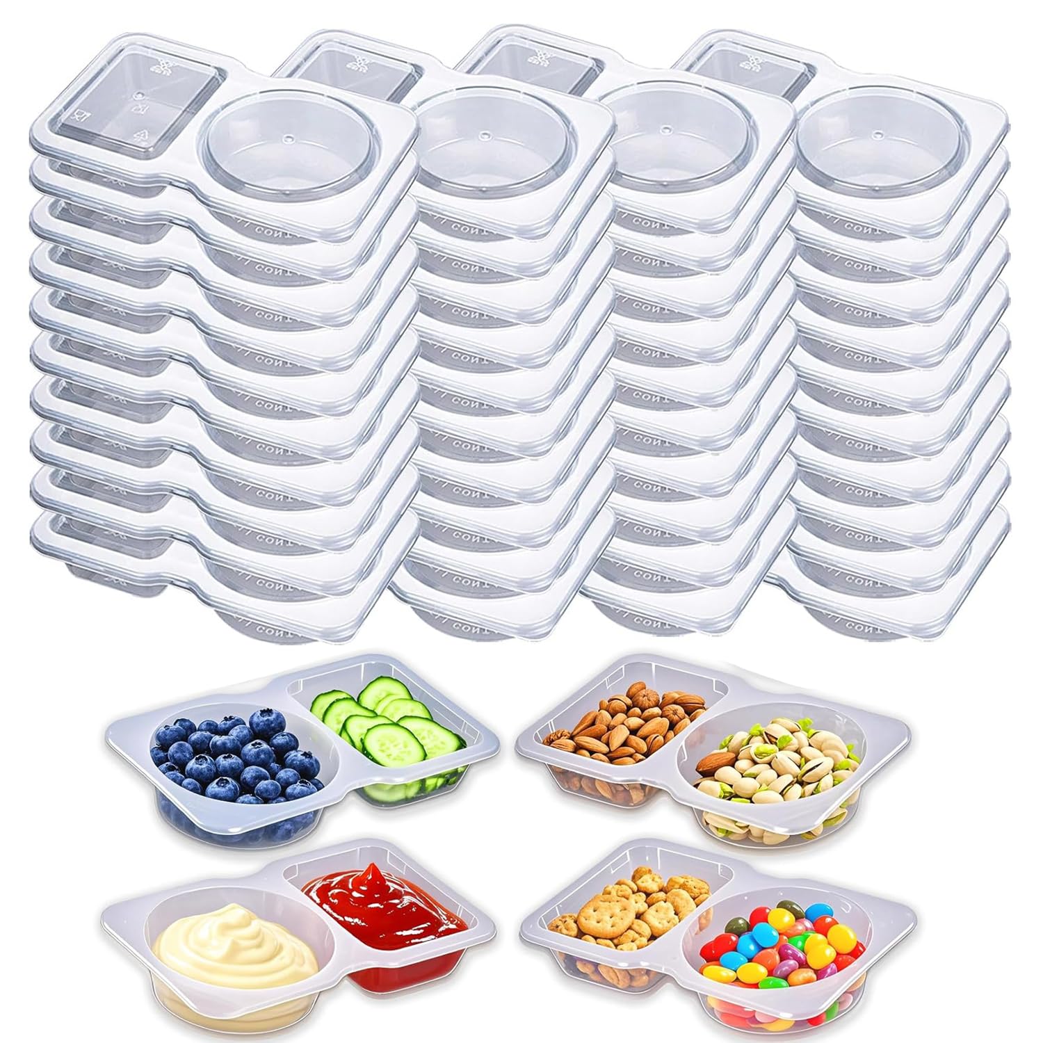 40PCS Double Compartment Condiment Container Reusable Snack Container 2 Leakproof Condiment Containers With Lids Snack Pack Sauce Containers Clear Pots Used Condiments, Snack, Dipping Sauce