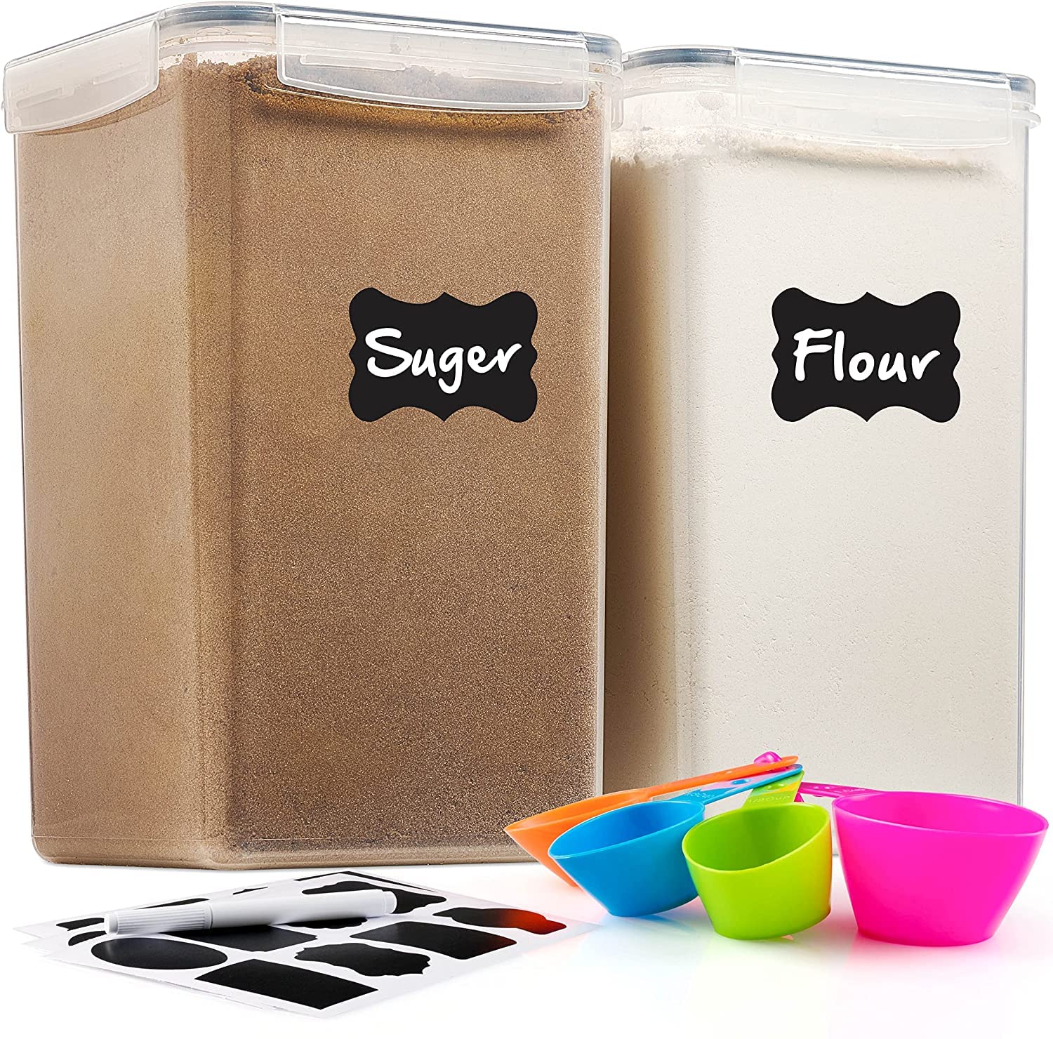2 Pack Large Food Storage Containers with Lids Airtight 6.5L /220 oz, for Flour, Sugar, Baking Supply and Dry Food Storage-with Labels, Marker & Spoon Set
