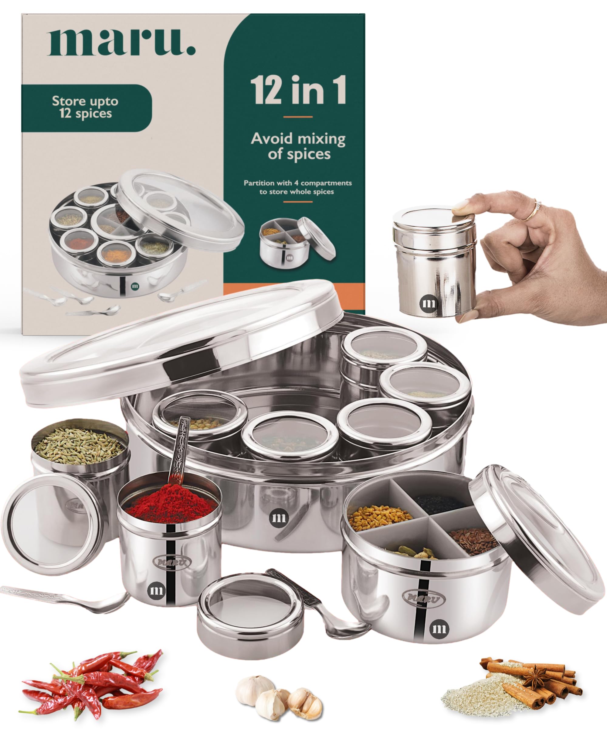 MARU 12 in 1 Indian Stainless Steel Spice Box with Clear Lids, Elegant Masala Dabba Spice Box with 9 Spice Containers and 4 Spoons for Kitchen Shelf, Container