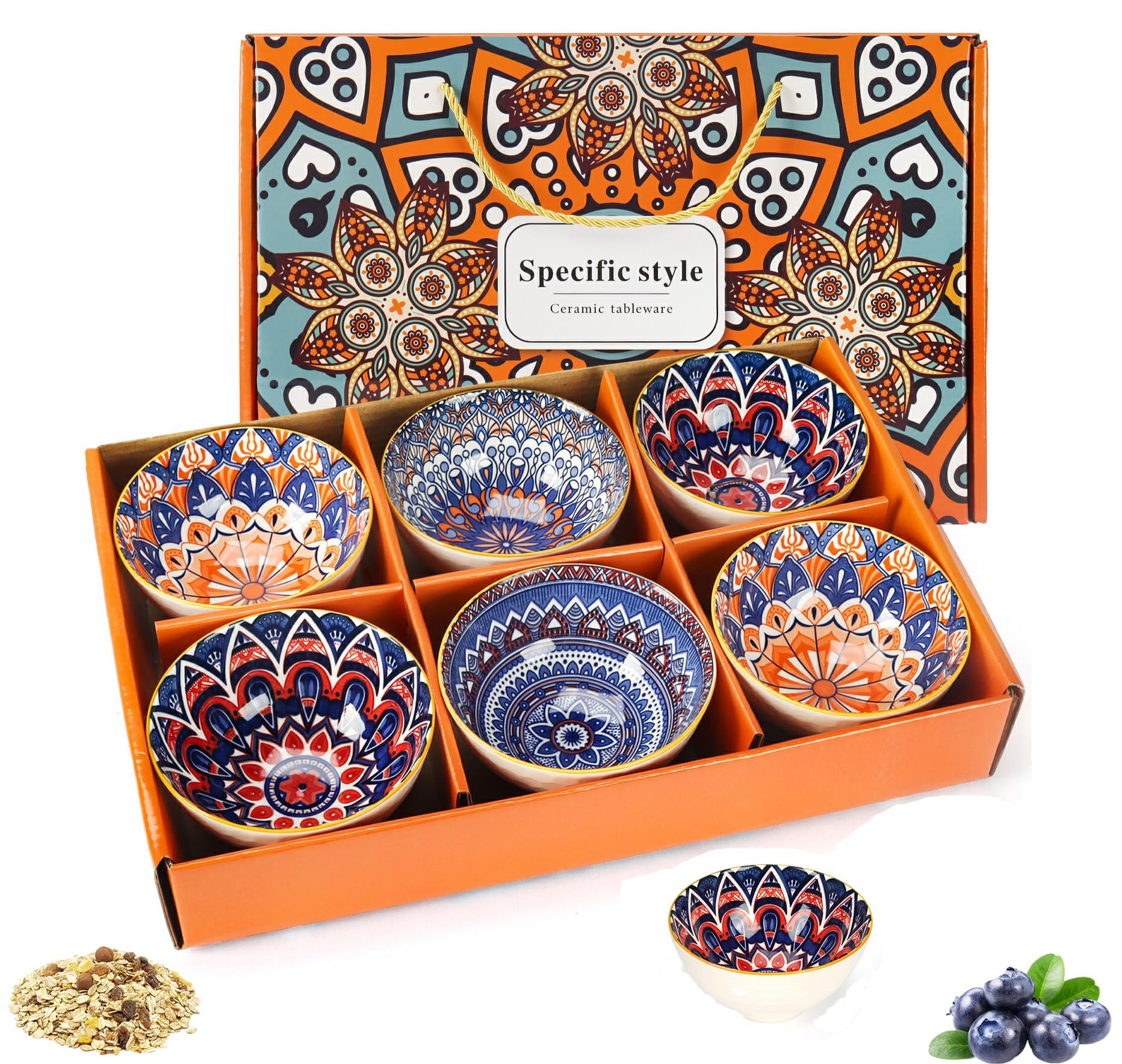 Ceramic Rice Bowls 10 oz, Bohemian Style Serving Bowls, Kitchen Tableware, Retro Bowl Gift Set for Cereal, Soup, Snacks, Dessert, Fruit (Pack of 6)