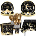 Eid Mubarak Party Supplies Tableware Set, 169 Pcs Disposable Eid Mubarak Party Supplies, Includes Plates, Cups, Napkins, Cutlery and Tablecloth for Muslim Ramadan Holiday Party Decorations(Serves 24)