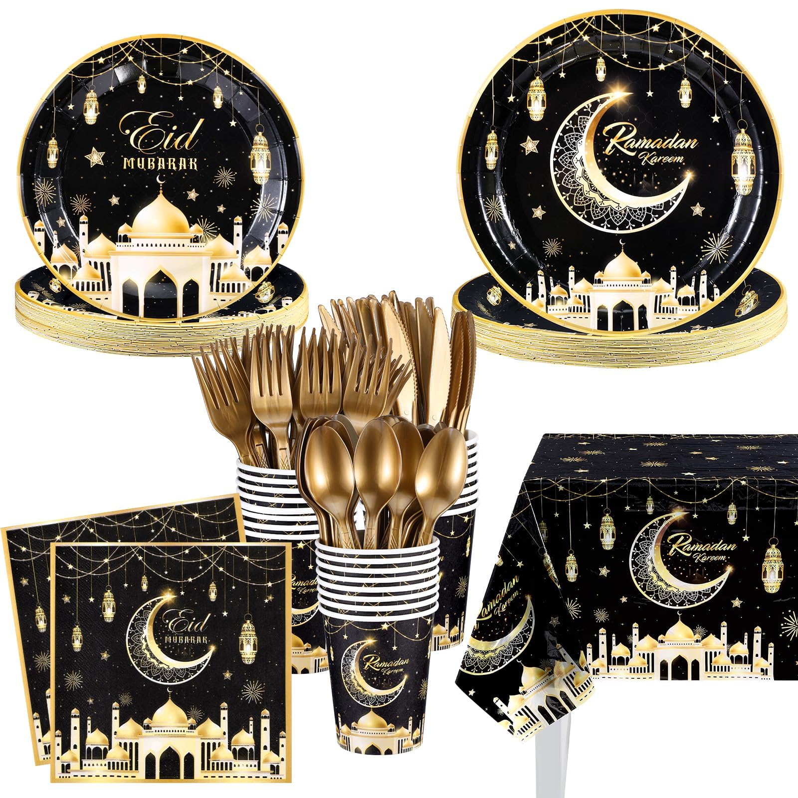 Eid Mubarak Party Supplies Tableware Set, 169 Pcs Disposable Eid Mubarak Party Supplies, Includes Plates, Cups, Napkins, Cutlery and Tablecloth for Muslim Ramadan Holiday Party Decorations(Serves 24)