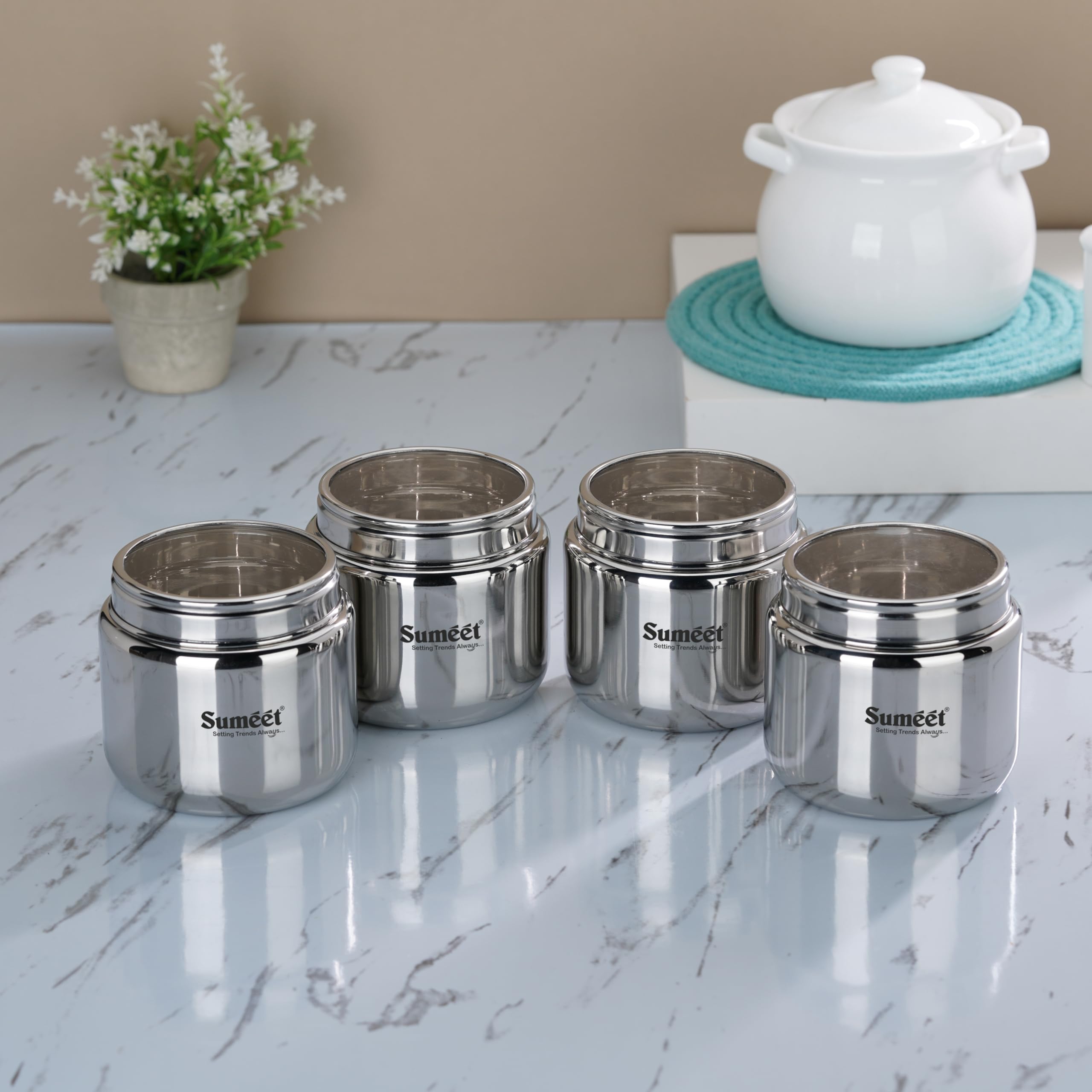 Sumeet Stainless Steel Canisters/Dabba/Storage Containers for Kitchen with See Through Lid, Set of 4 Pcs, 1450ml Each, 13.5cm Dia, Silver, CTJARBIG-4PC
