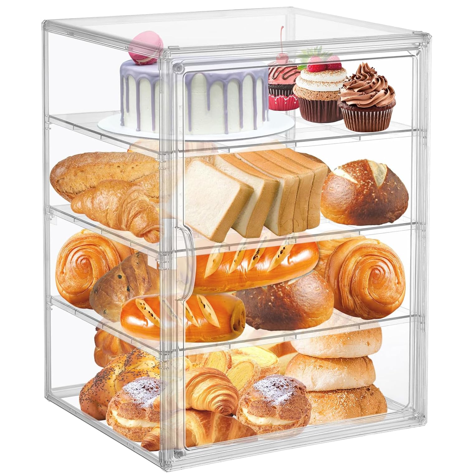 Angju Large Bread Box For Kitchen Countertop Pastry Display Case - 4 Layers Adjustable Storage Container,Clear Boxes Counter,Breads Airtight,Bread Holder Bagel,Muffins