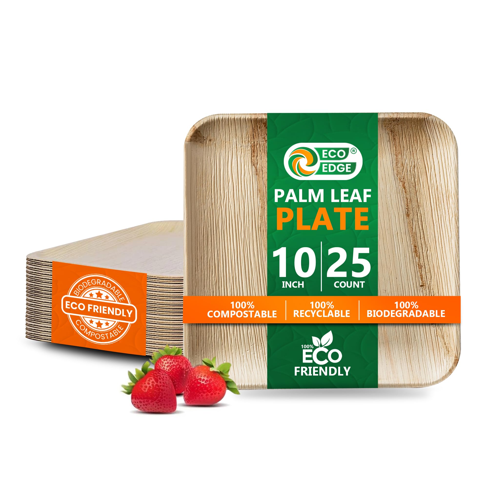 EcoEdge 10 Inch Square Areca Palm Leaf Disposable Plates (Pack of 25) | Compostable, Sustainable Organic, Environmentally safe and Nature-made | Ideal for On-the-go Meals | 100% Natural