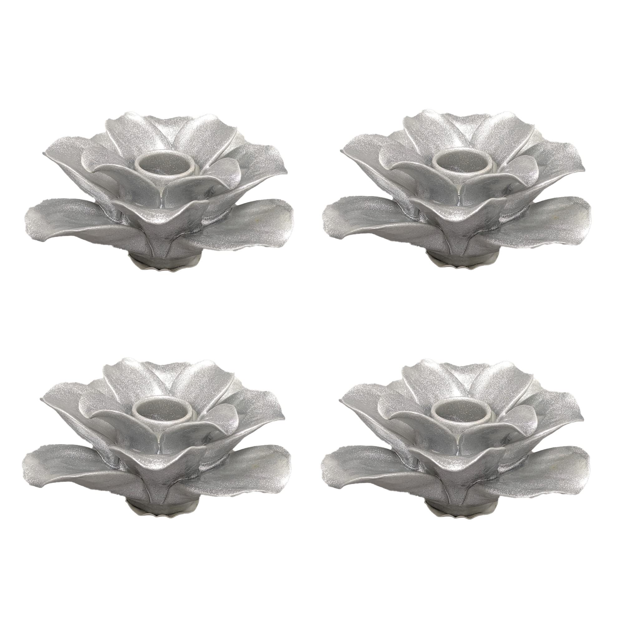 Home Decoration Accessories Silver Ceramic Candle Holder 12 Petal Flower Shape Taper Candle Wedding Table Dining Table Set of 4