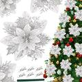 16Pcs Christmas Poinsettia Flower Decorations, Artificial Poinsettia Flowers, Christmas Tree Flower Decorations with Clips, for DIY Xmas Wreath Holiday Weed Home Party Decor (Silver)