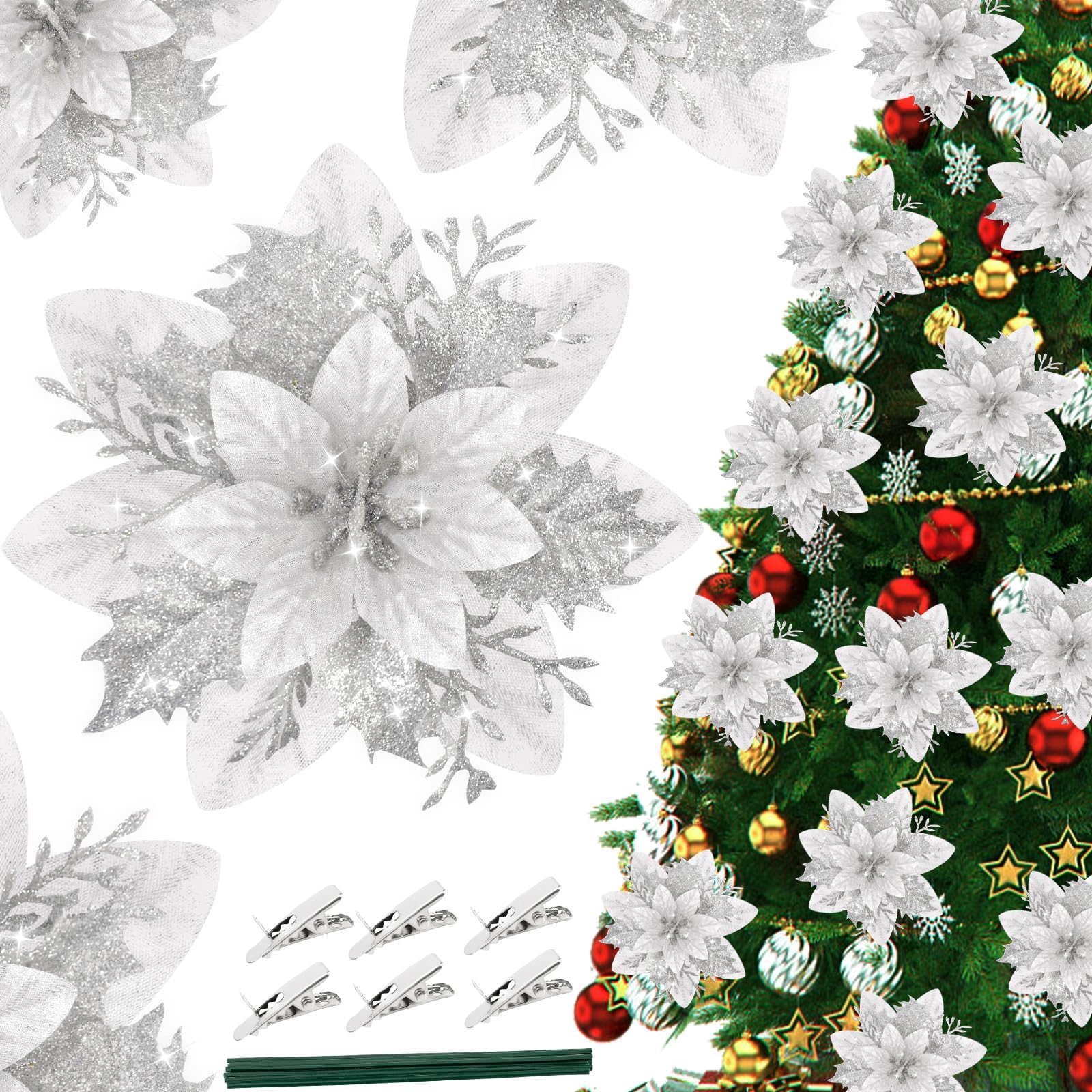 16Pcs Christmas Poinsettia Flower Decorations, Artificial Poinsettia Flowers, Christmas Tree Flower Decorations with Clips, for DIY Xmas Wreath Holiday Weed Home Party Decor (Silver)