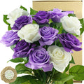 12 Stems Artificial Flowers Real Touch Silk Roses for Wedding Decoration Bridal Bouquets Table Centerpieces Party Shower, Packed in Box (Purple & White Vows)