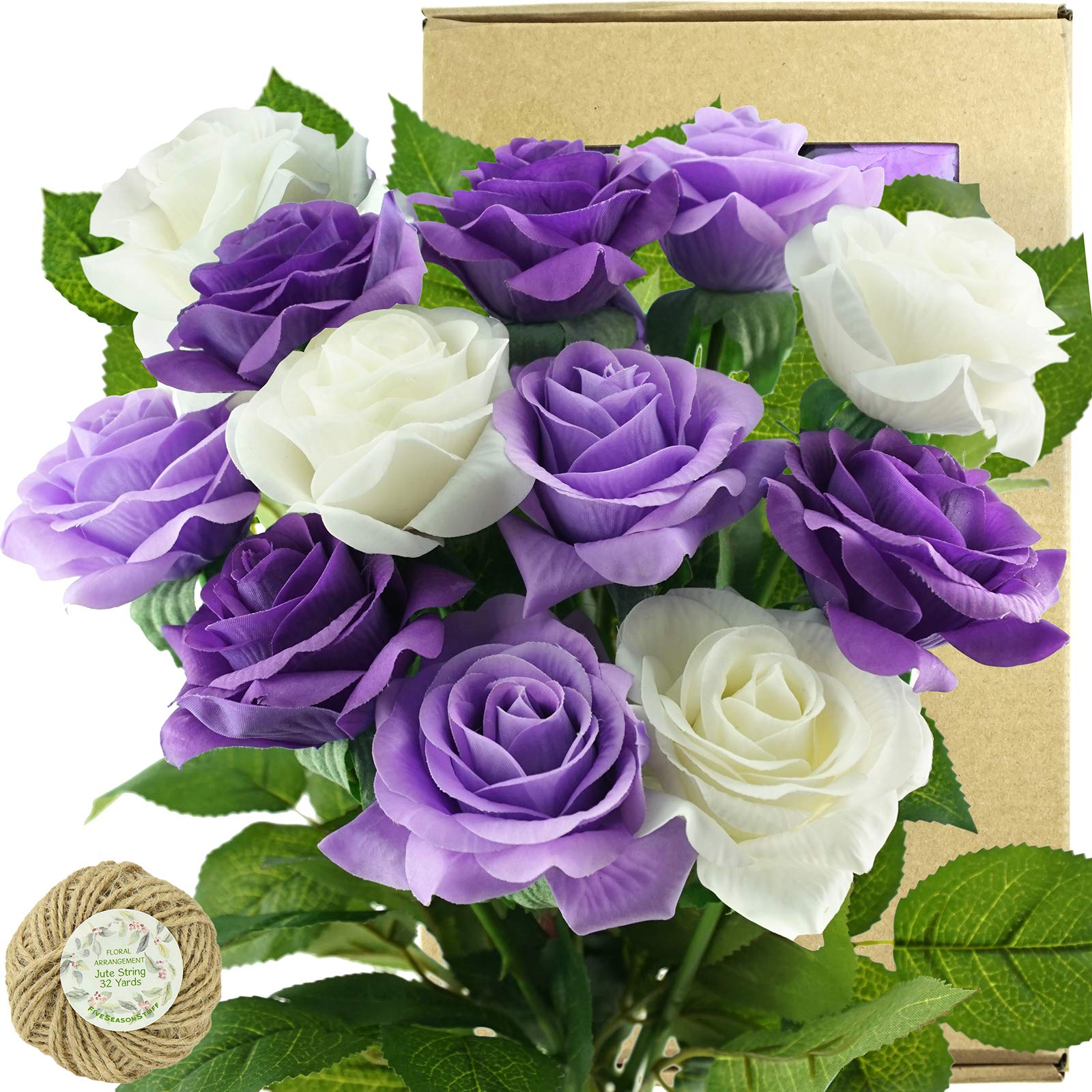 12 Stems Artificial Flowers Real Touch Silk Roses for Wedding Decoration Bridal Bouquets Table Centerpieces Party Shower, Packed in Box (Purple & White Vows)