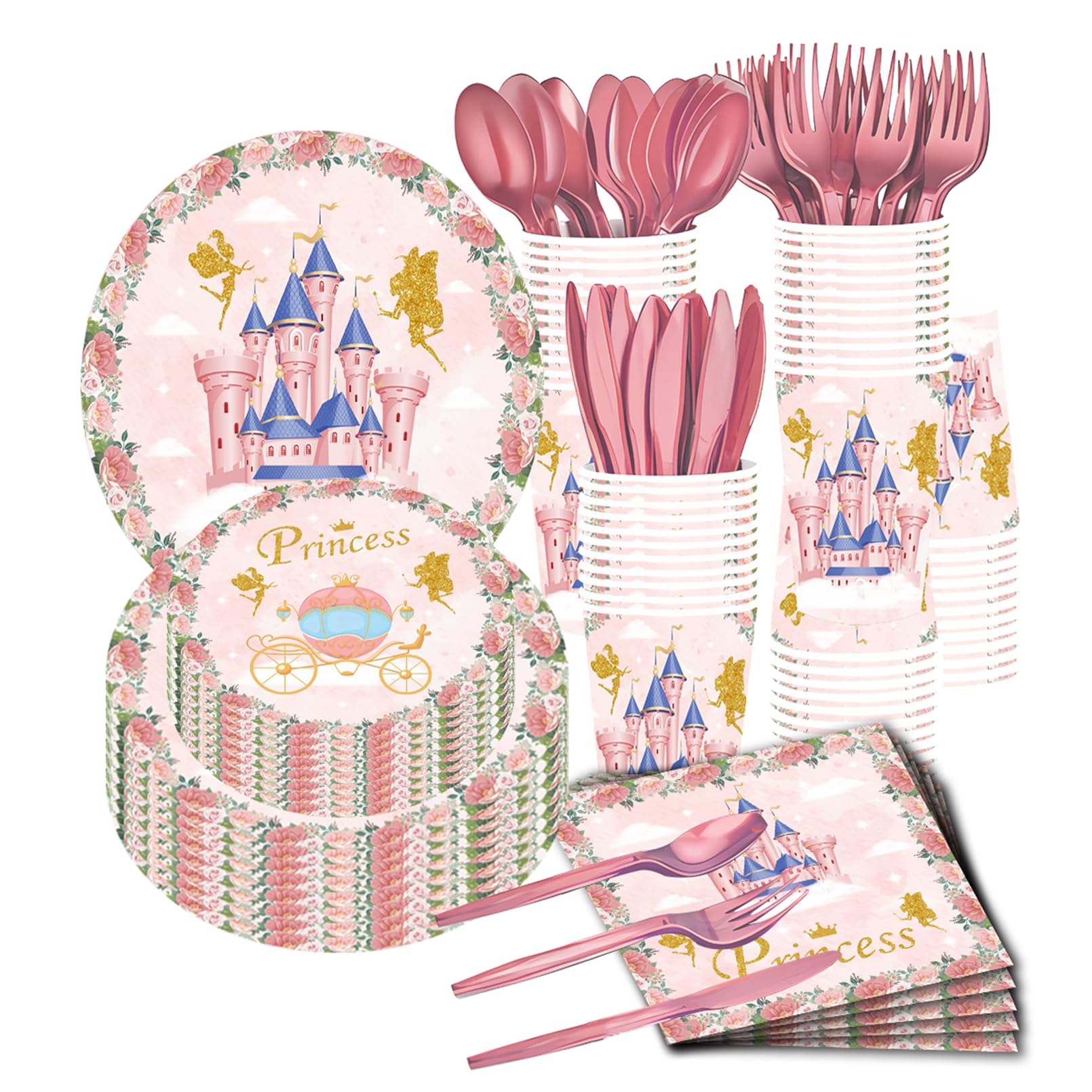 SOOFAM 168-Piece Princess Birthday Party Decorations,Napkins,Forks Party Supplies, Princess Castle Party Decorations, Favors for Girls Birthday, Baby Shower,Serves 24