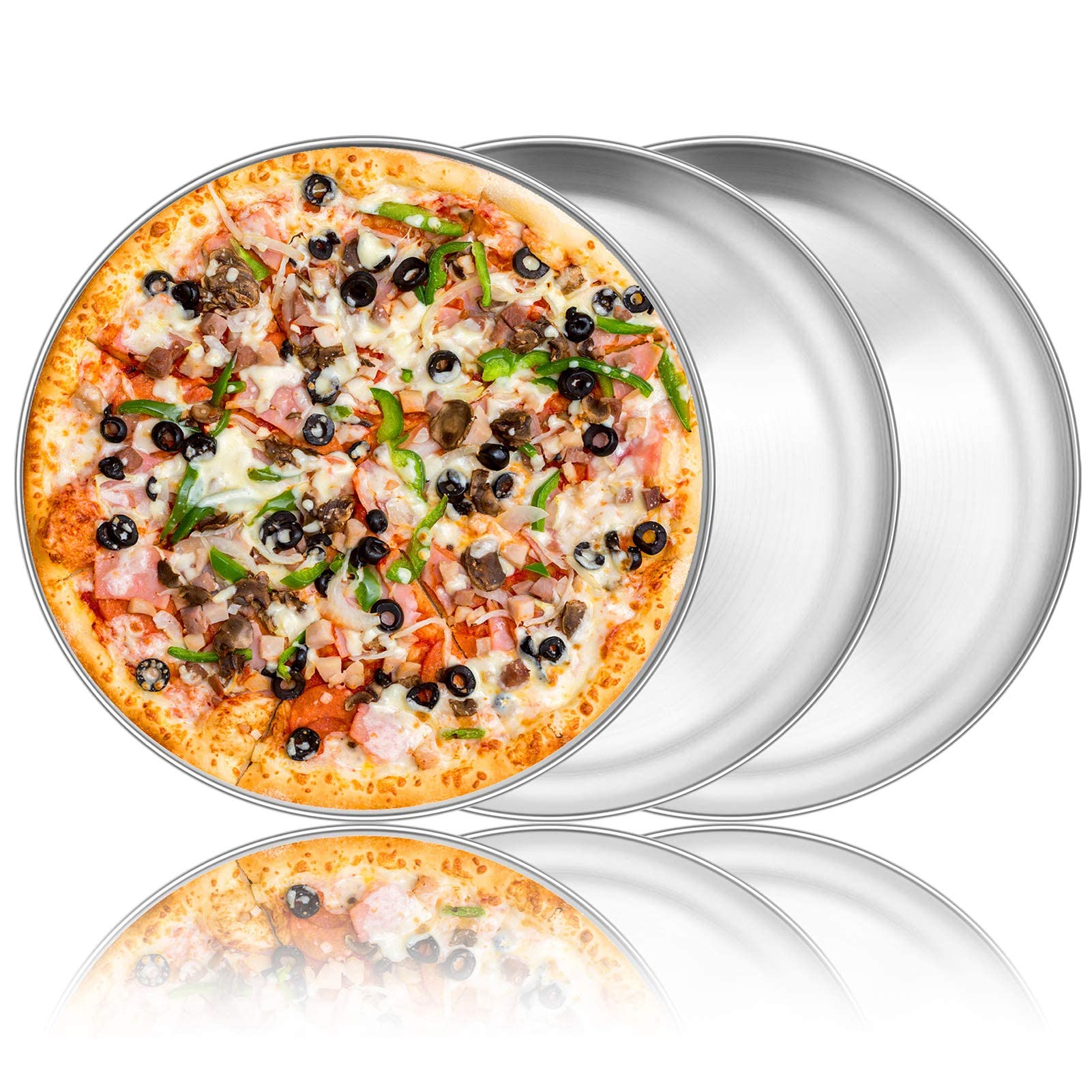 12 Inch Pizza Baking Tray Set of 3, Homikit Round Pizza Baking Sheet Stainless Steel Pizza Oven Tray, Baking Roasting Serving Pizza Pan Bakeware, Healthy & Durable, Matt Finished & Dishwasher Safe