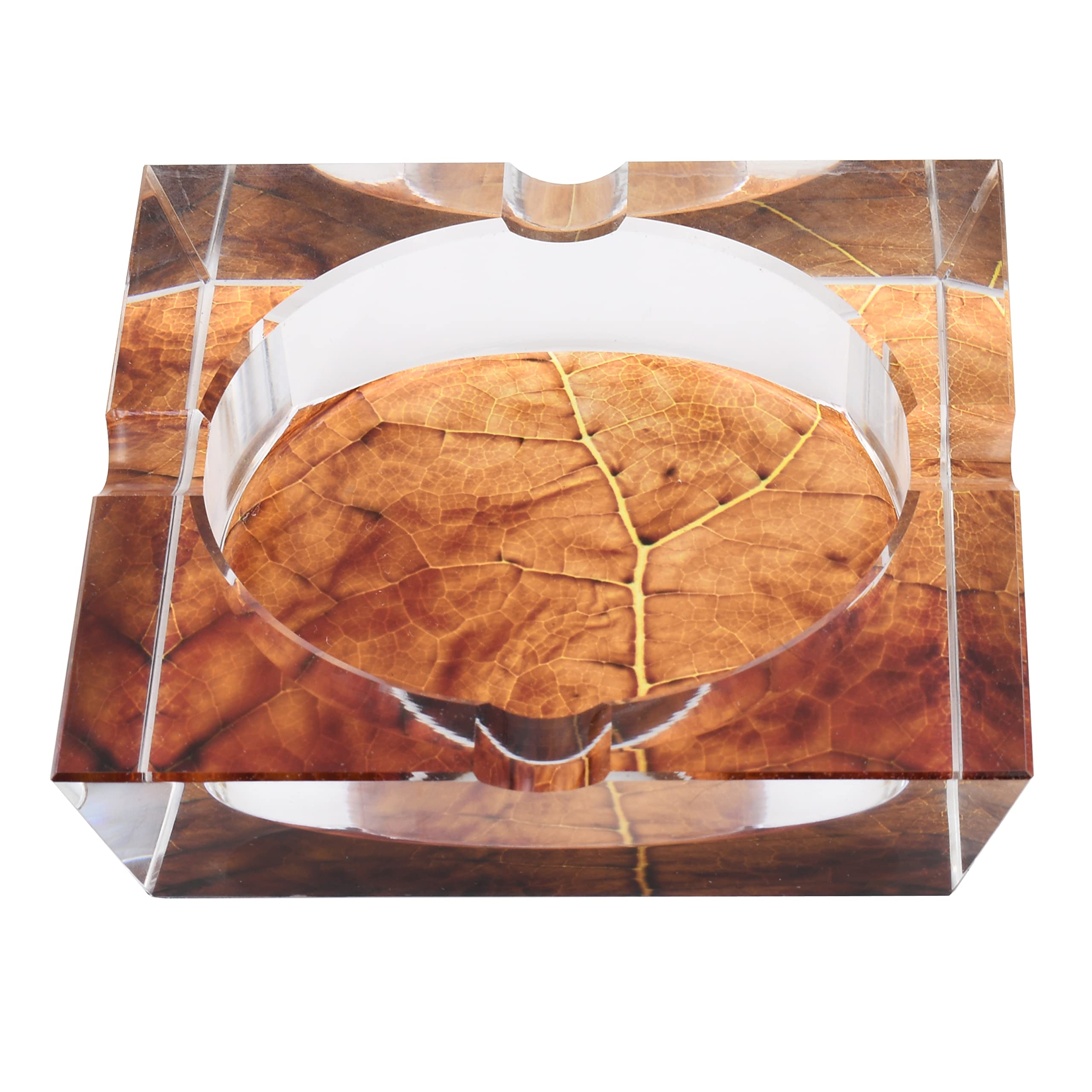 Tobacco Leaf Print Crystal Cigar Ashtray, For 4 Cigars, Custom Gift Box