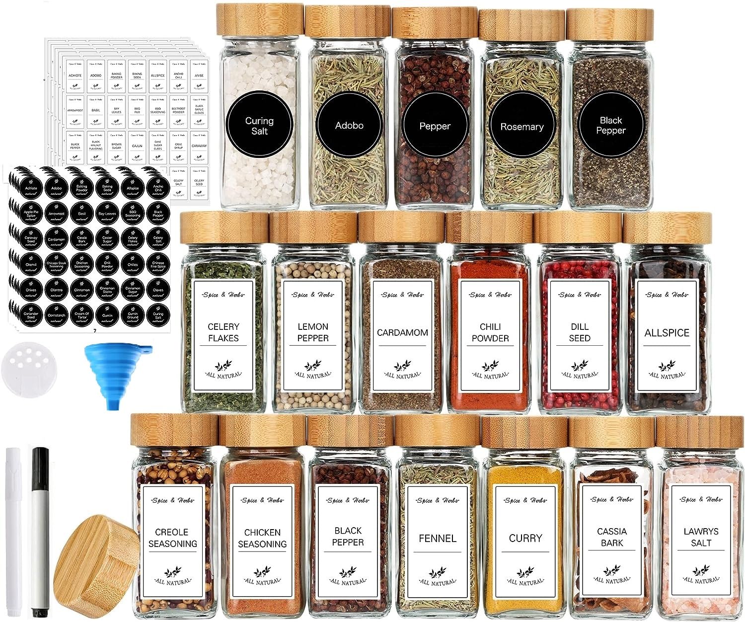 MahMir® 24 Pcs Spice Jars with Labels - 4 oz Glass Spice Jars with Bamboo Lids, 120 Labels Stickers, Shaker Lids, Collapsible Funnel, 2 Pens, Seasoning Storage Bottles for Spice Rack, Cabinet, Drawer