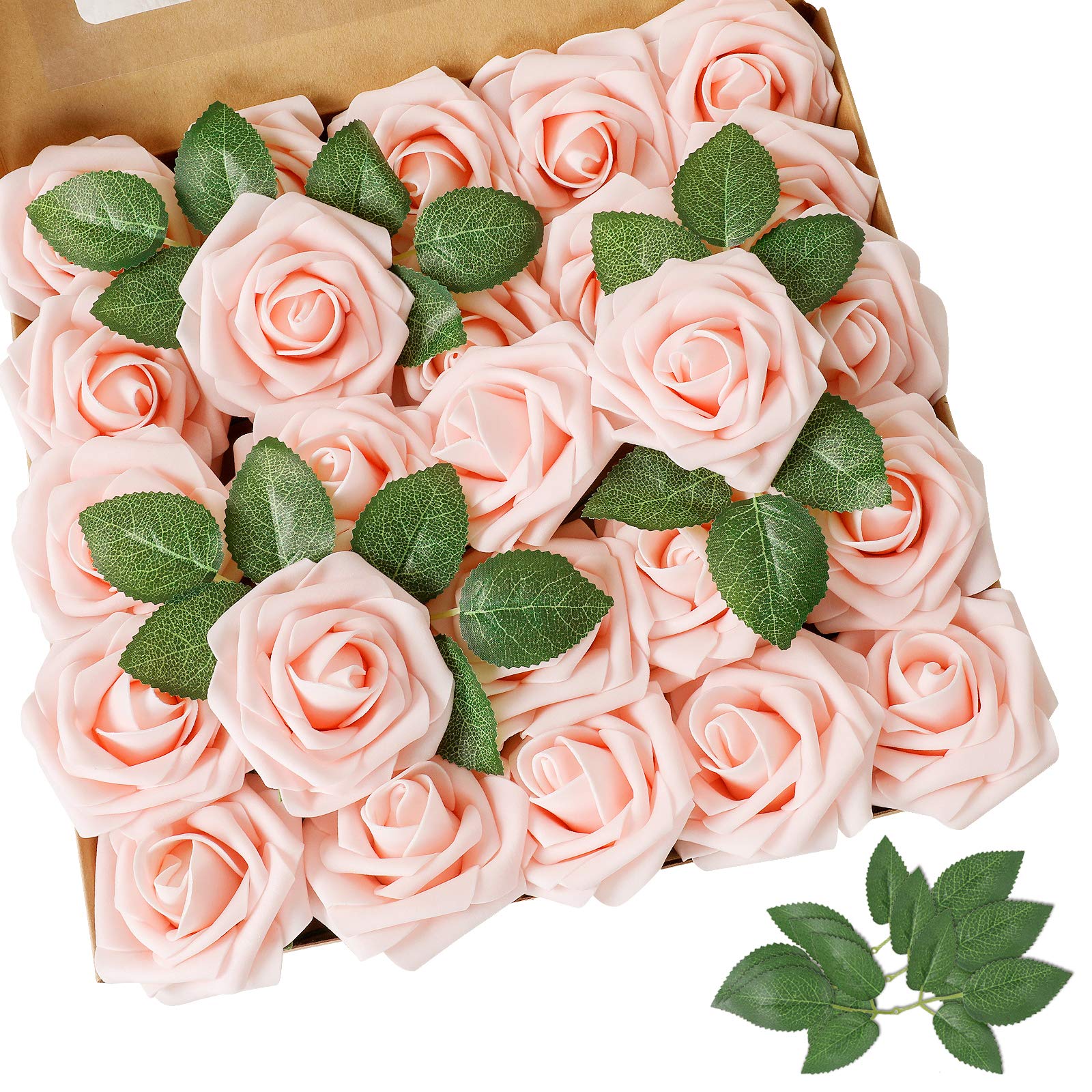 Artificial Flower Blush Pink Rose 25pcs Real Looking Fake Roses w/Stem for DIY Wedding Bouquets Centerpieces Arrangements Party Baby Shower Home Decorations