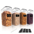 Vtopmart 4 PCS 4L Cereal Container Set, BPA Free Plastic Airtight Food Storage Container for Snacks and Sugar, Cereal Dispensers with 24 Chalkboard Labels, Black