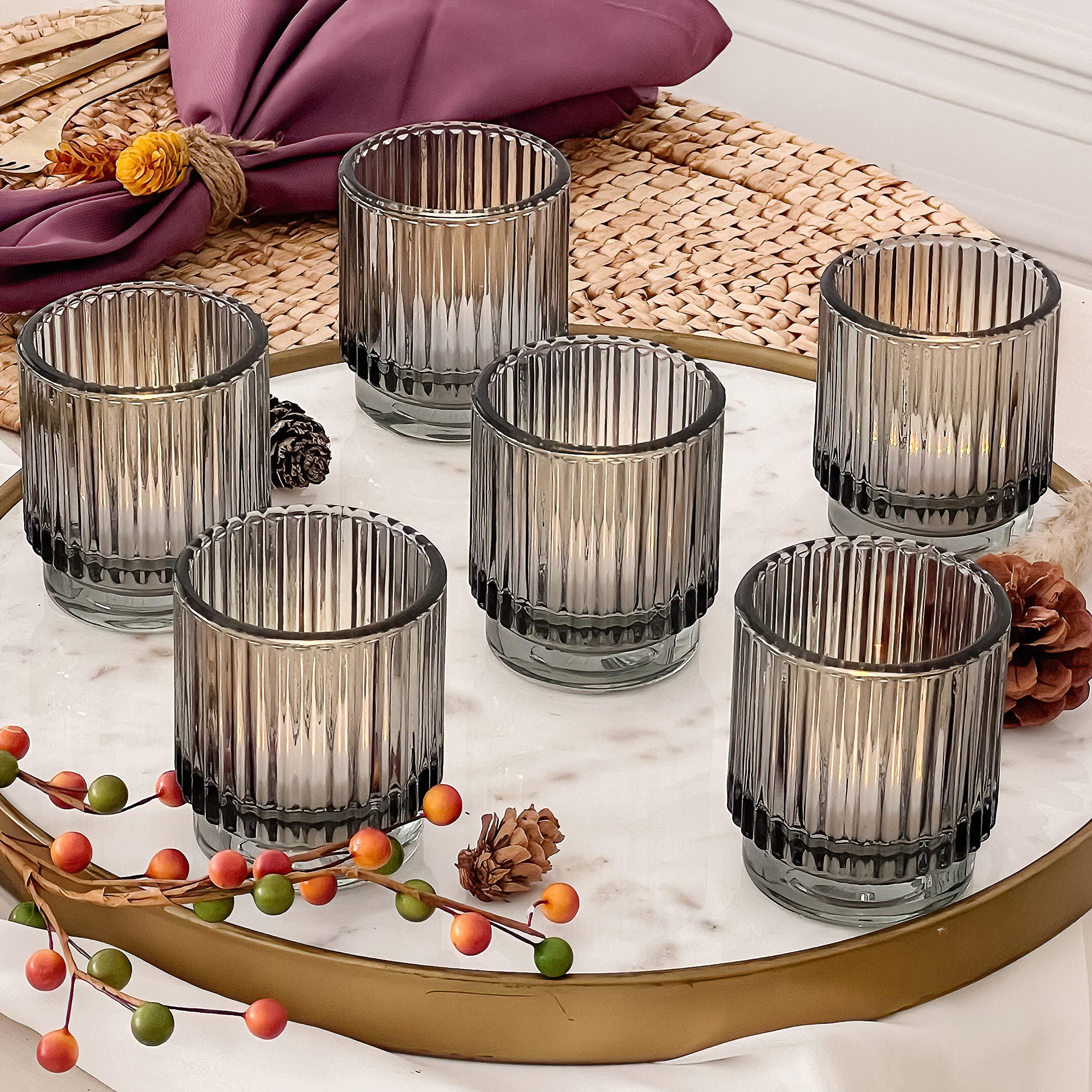 Glass Candle Holders, Smoke Gray Vintage Ribbed Glass Tealight Votive Candle Holders(Set of 6), Fall Decor, Boho Decor, Shelf Decoration | Perfect Hostess Gift or Home Decor
