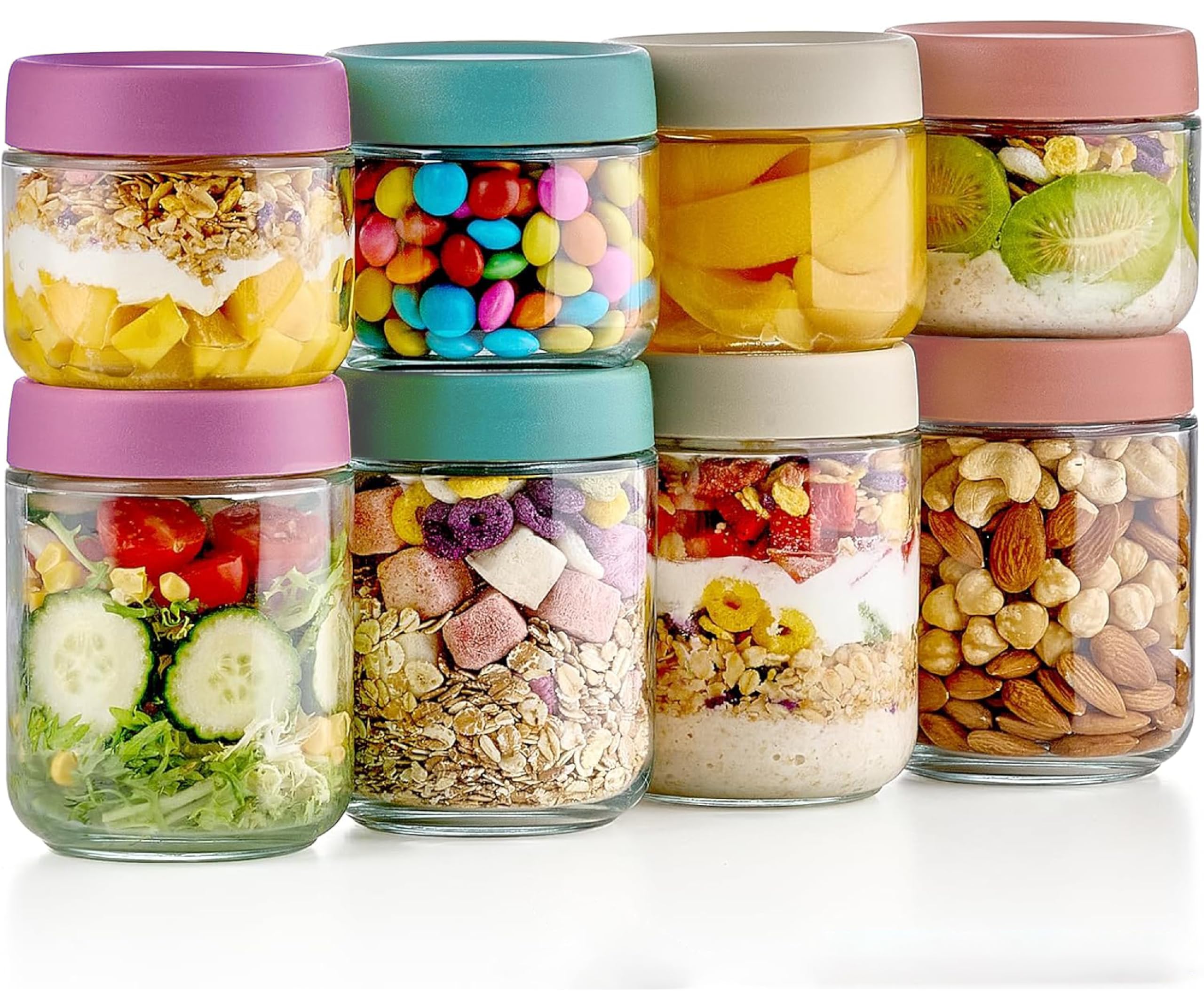 8-Pack Glass Jars With Airtight Screw Lids 16oz(480ml) & 10oz(300ml) Overnight Oats Jar Breakfast Containers Mason Jars Food Storage Containers Salad Meal Prep Storage Jar