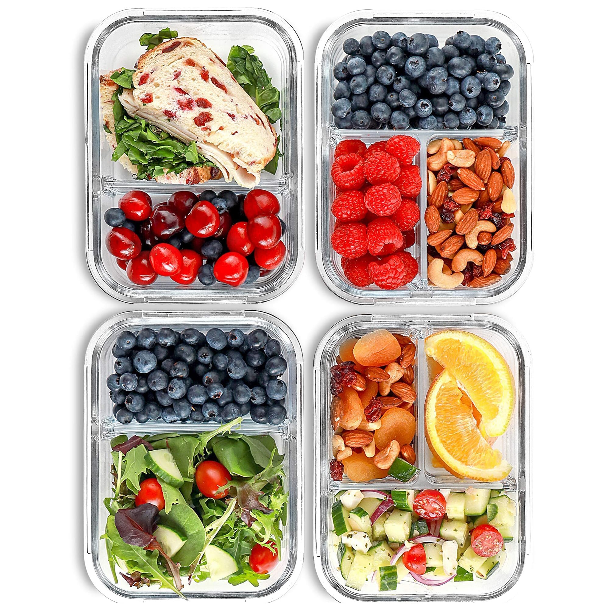 Fit Strong & Healthy Meal Prep Containers - 3 Compartment Glass Bento Boxes (4 Pack, 32 oz) - Airtight, Oven Safe, Portion Control