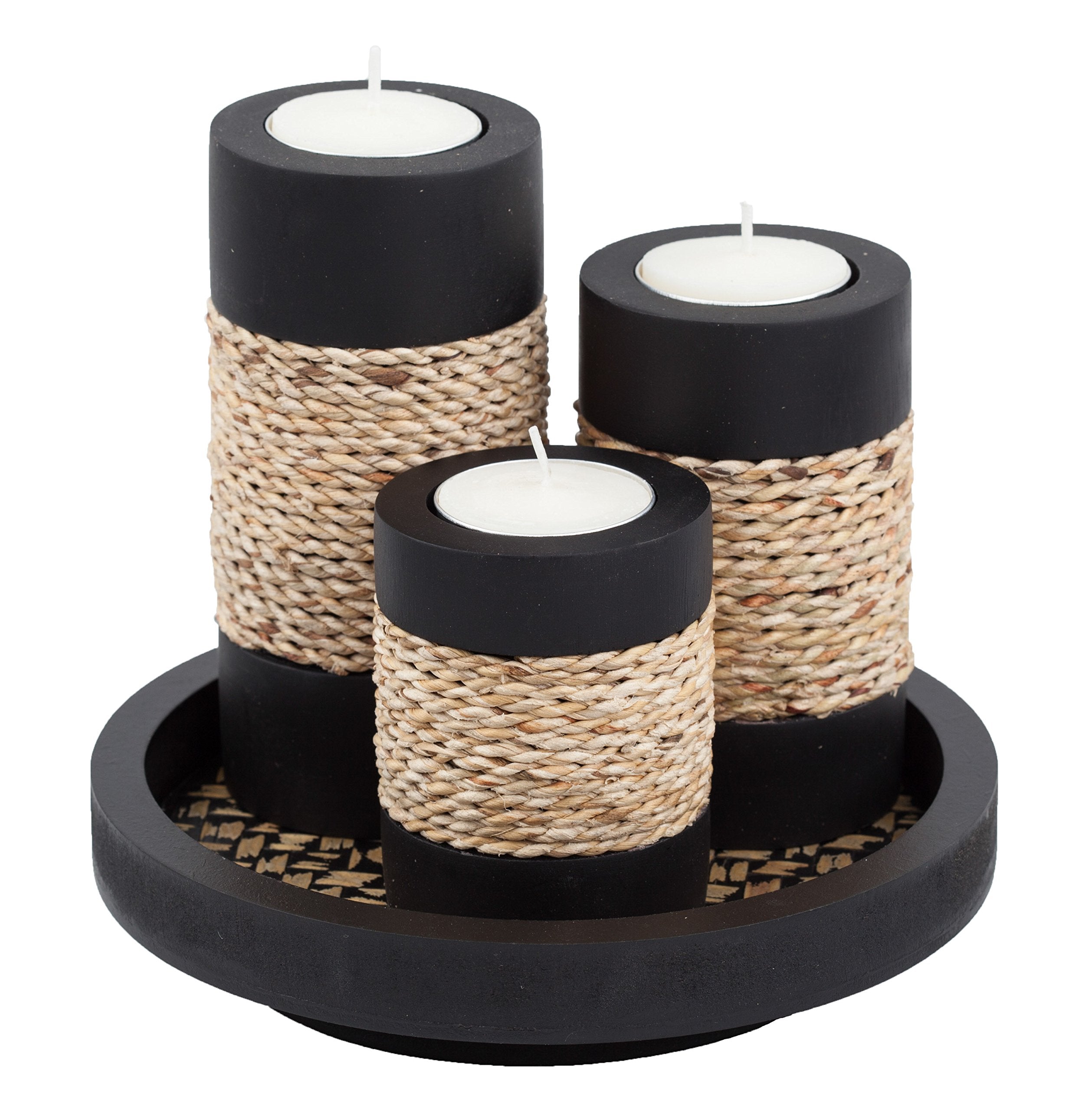 IYARA CRAFT Natural Candle Scape Set, 3 Decorative Candle Holders, Wood Tray(Rope)