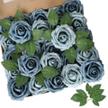 Artificial Flower Dusty Blue Shades Rose 25pcs Real Looking Fake Roses w/Stem for DIY Wedding Bouquets Centerpieces Arrangements Party Baby Shower Home Decorations