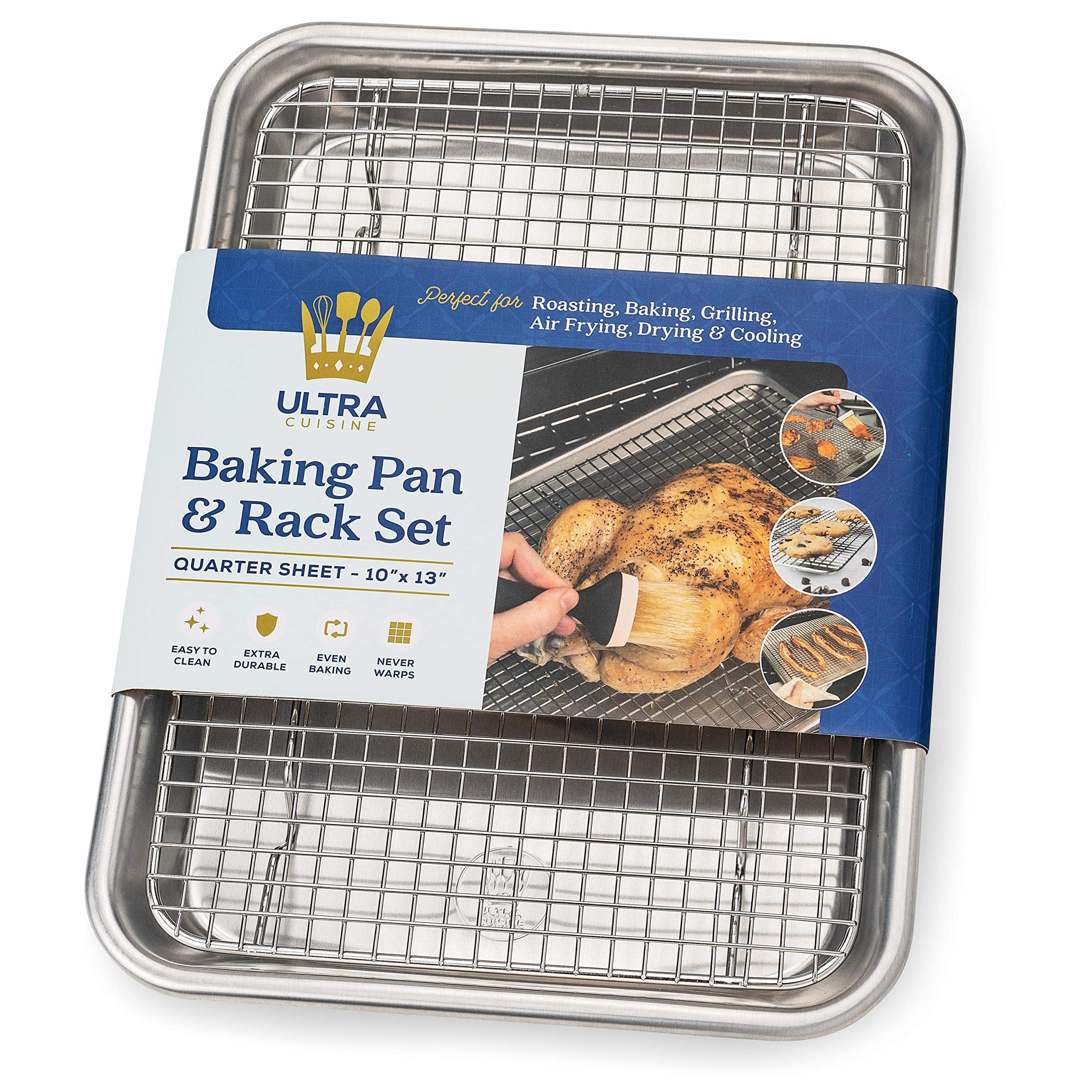 Ultra Cuisine Baking Pan with Cooling Rack Set - Quarter Sheet Pan Size - Includes Professional Aluminum Baking Sheet and Stainless Steel Baking Rack for Oven - Durable, Easy Clean, Commercial Quality