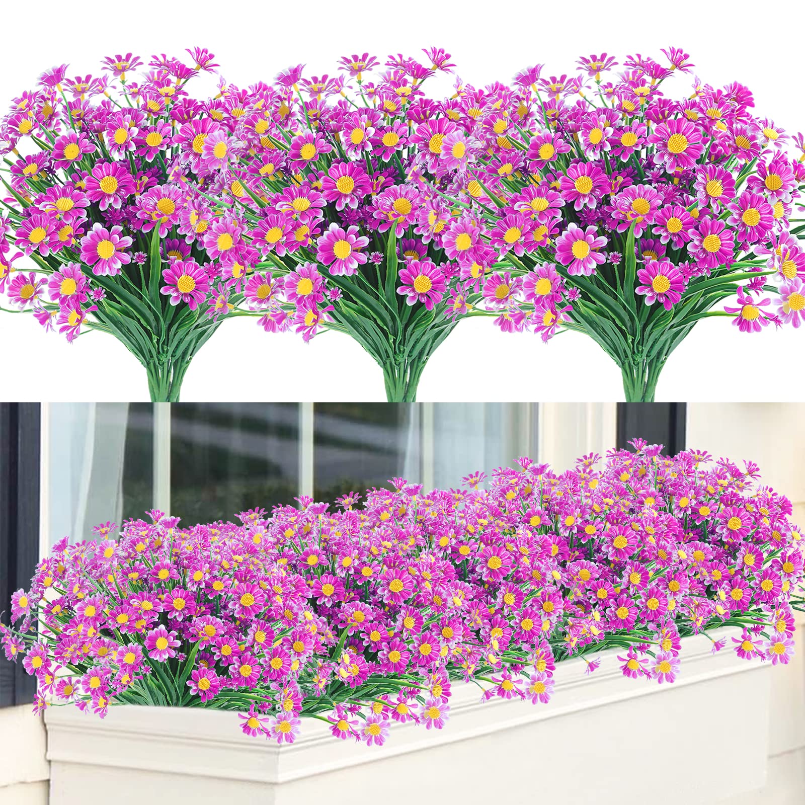 6 Bundles Artificial Daisy Flowers Outdoor Fake Flowers for Decoration No Fade Faux Plastic Flower Garden Porch Window Box Décor 14 * 9 inch Purple