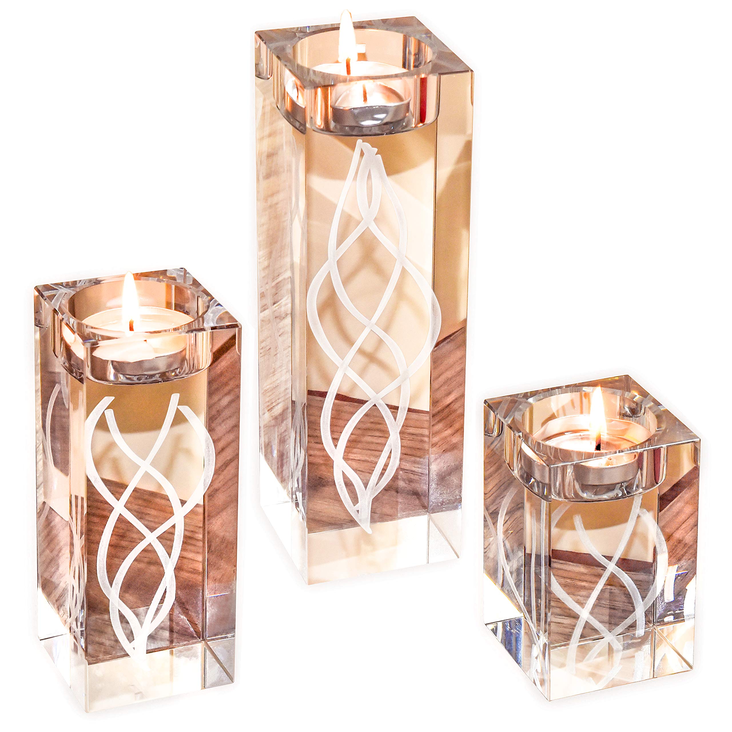 Engraved Large Crystal Candle Holder Set of 3?6.2/4.7/3.1 Inches H?Solid Clear Glass Decoration?Luxurious Elegant Pillar & Votive Tealight Table Centerpiece?Wedding & Home Décor