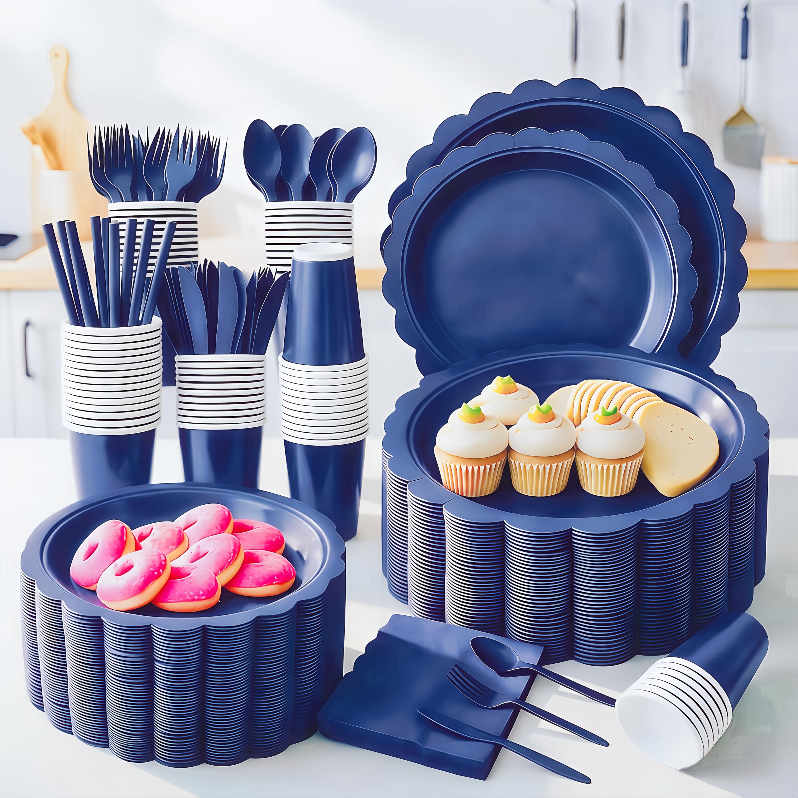200 Pcs Disposable Plates Set, 25 Guest Paper Plates Disposable Party Supplies Set with Cups, 7&9 Inch Plates, Napkins & Cutlery, Party Plates Disposable for Birthday Wedding (Navy Blue)
